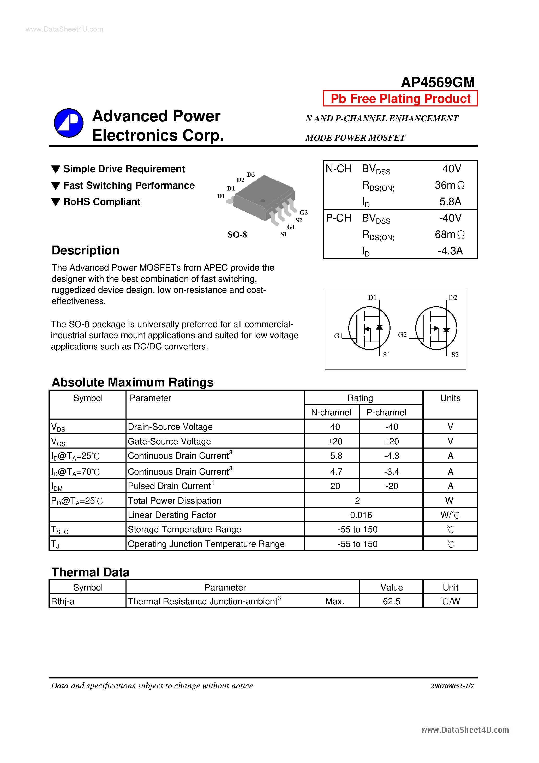 Даташит AP4569GM - N AND P-CHANNEL ENHANCEMENT MODE POWER MOSFET страница 1