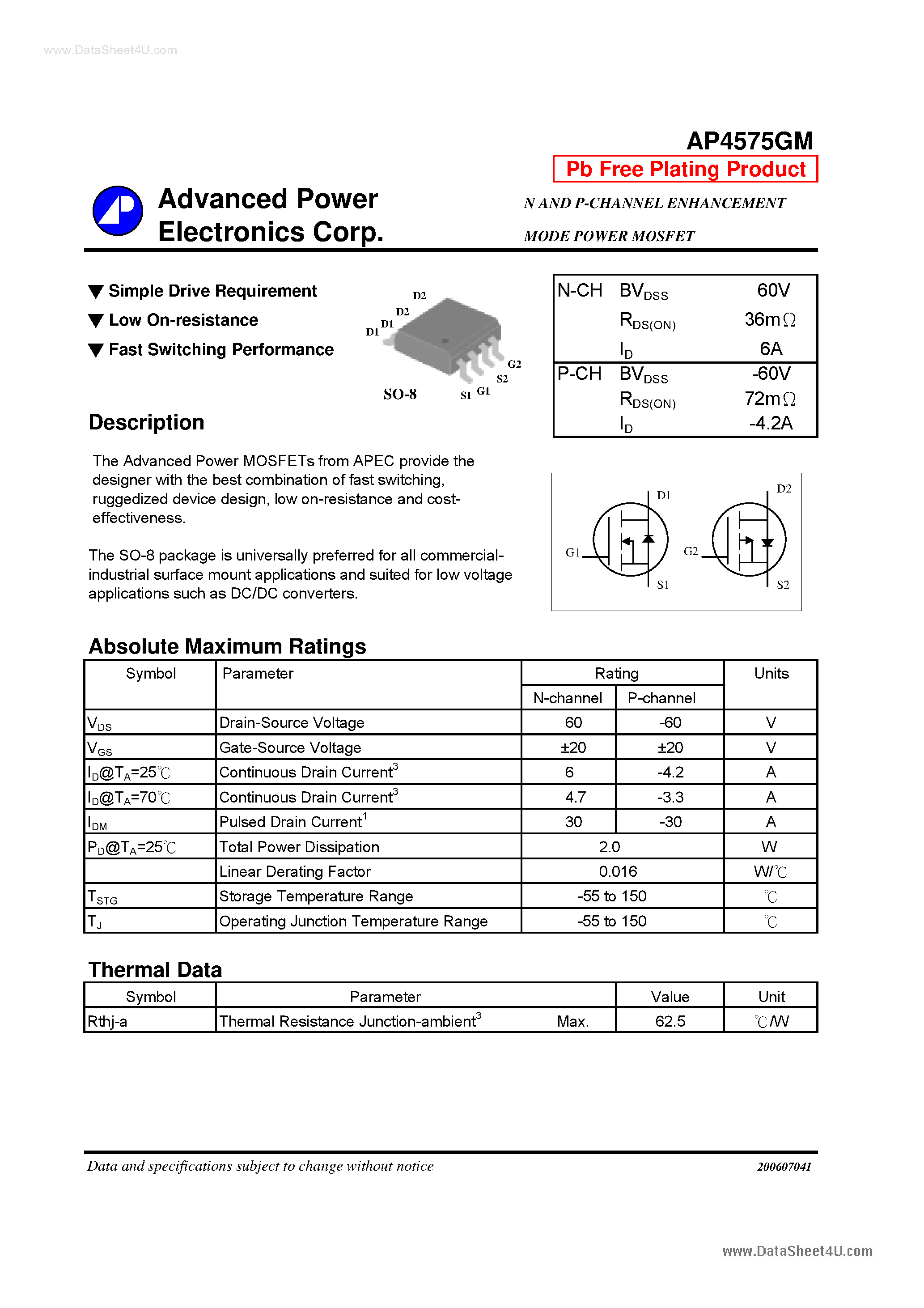 Даташит AP4575GM - N AND P-CHANNEL ENHANCEMENT MODE POWER MOSFET страница 1