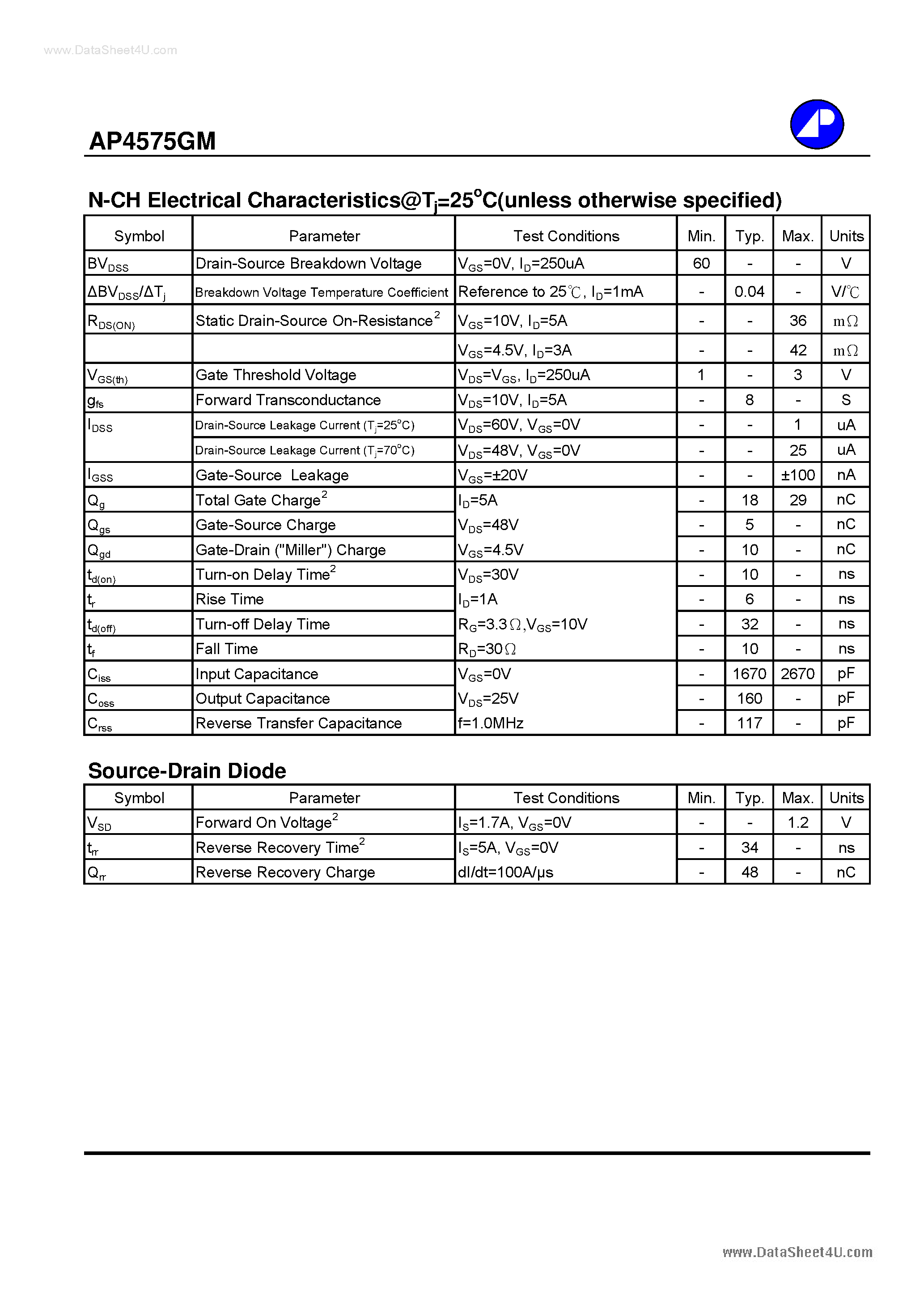 Даташит AP4575GM - N AND P-CHANNEL ENHANCEMENT MODE POWER MOSFET страница 2