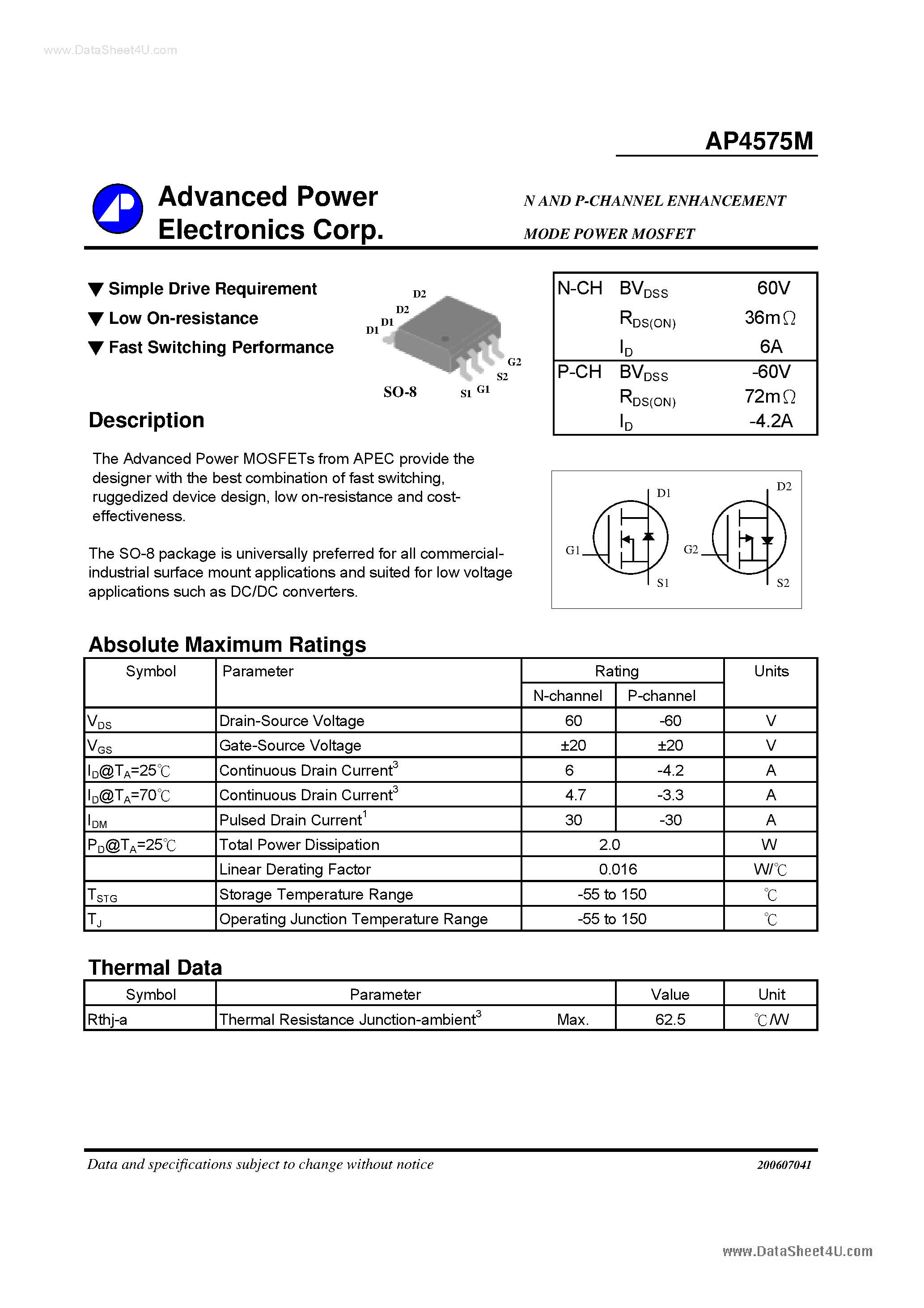 Даташит AP4575M - N AND P-CHANNEL ENHANCEMENT MODE POWER MOSFET страница 1