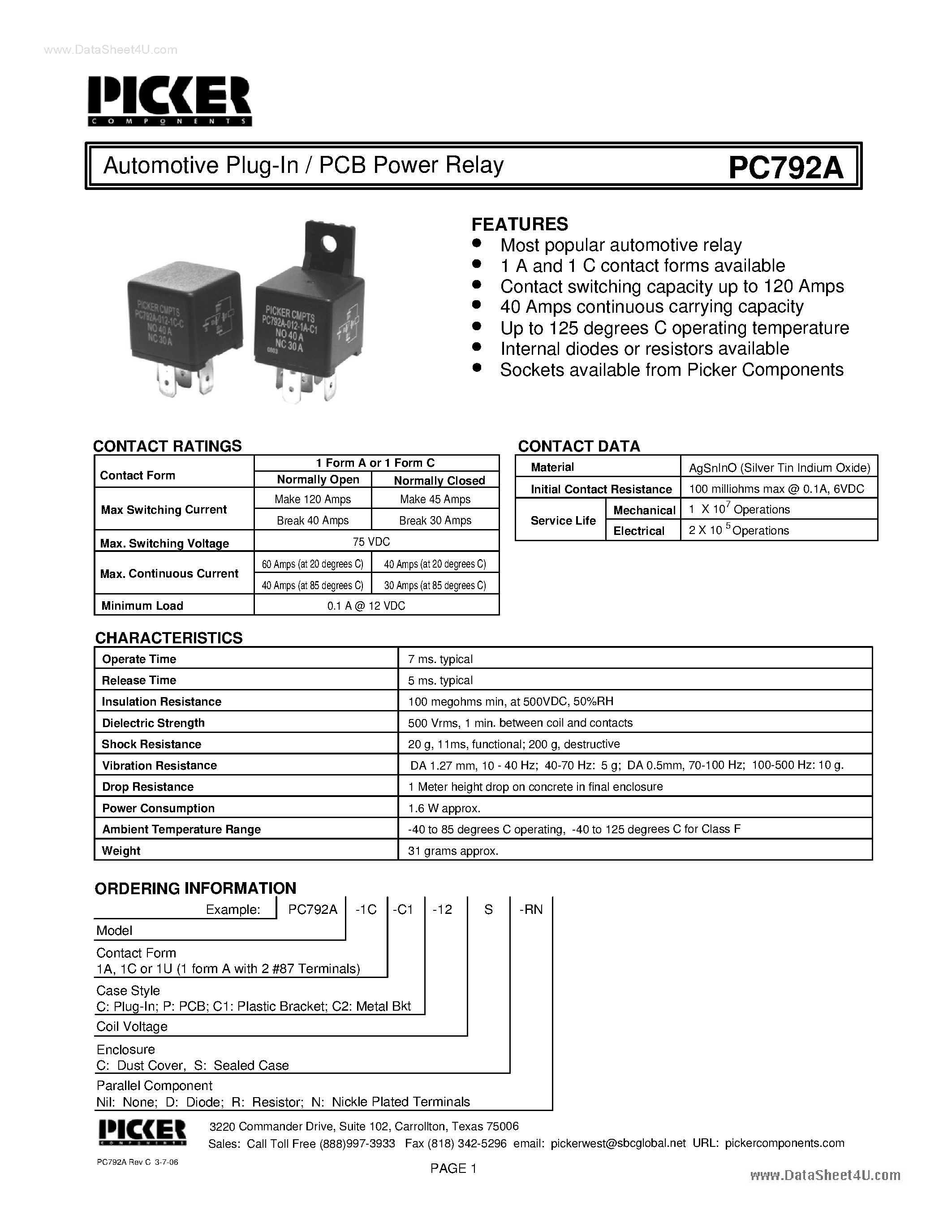 Datasheet PC792A - Automotive Plug-In / PCB Power Relay page 1