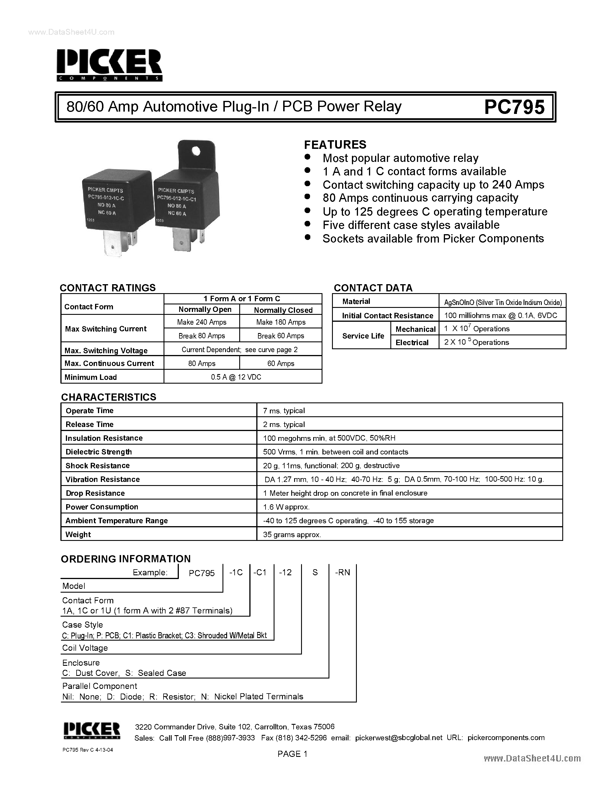 Datasheet PC795 - 80/60 Amp Automotive Plug-In / PCB Power Relay page 1