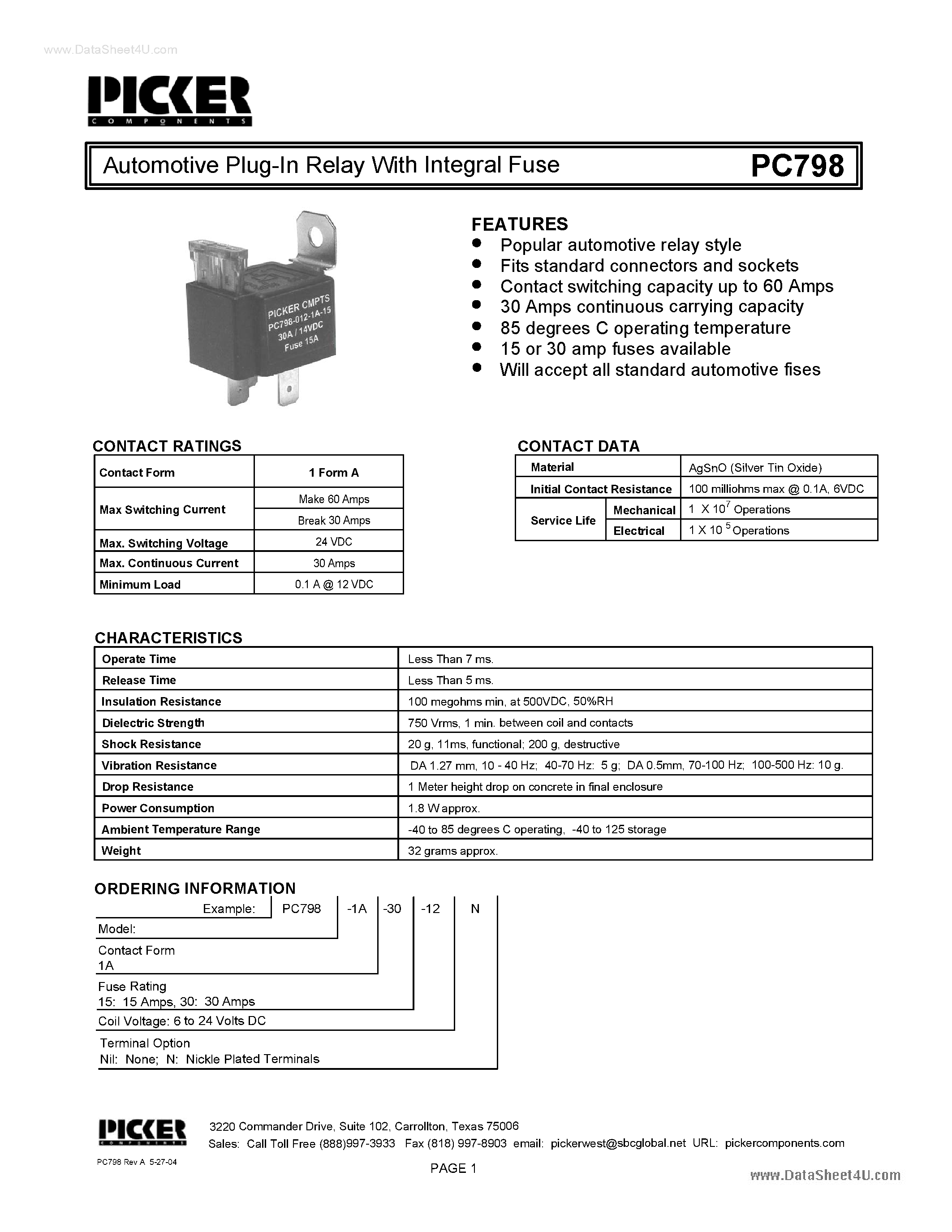 Datasheet PC798 - Automotive Plug-In Relay page 1