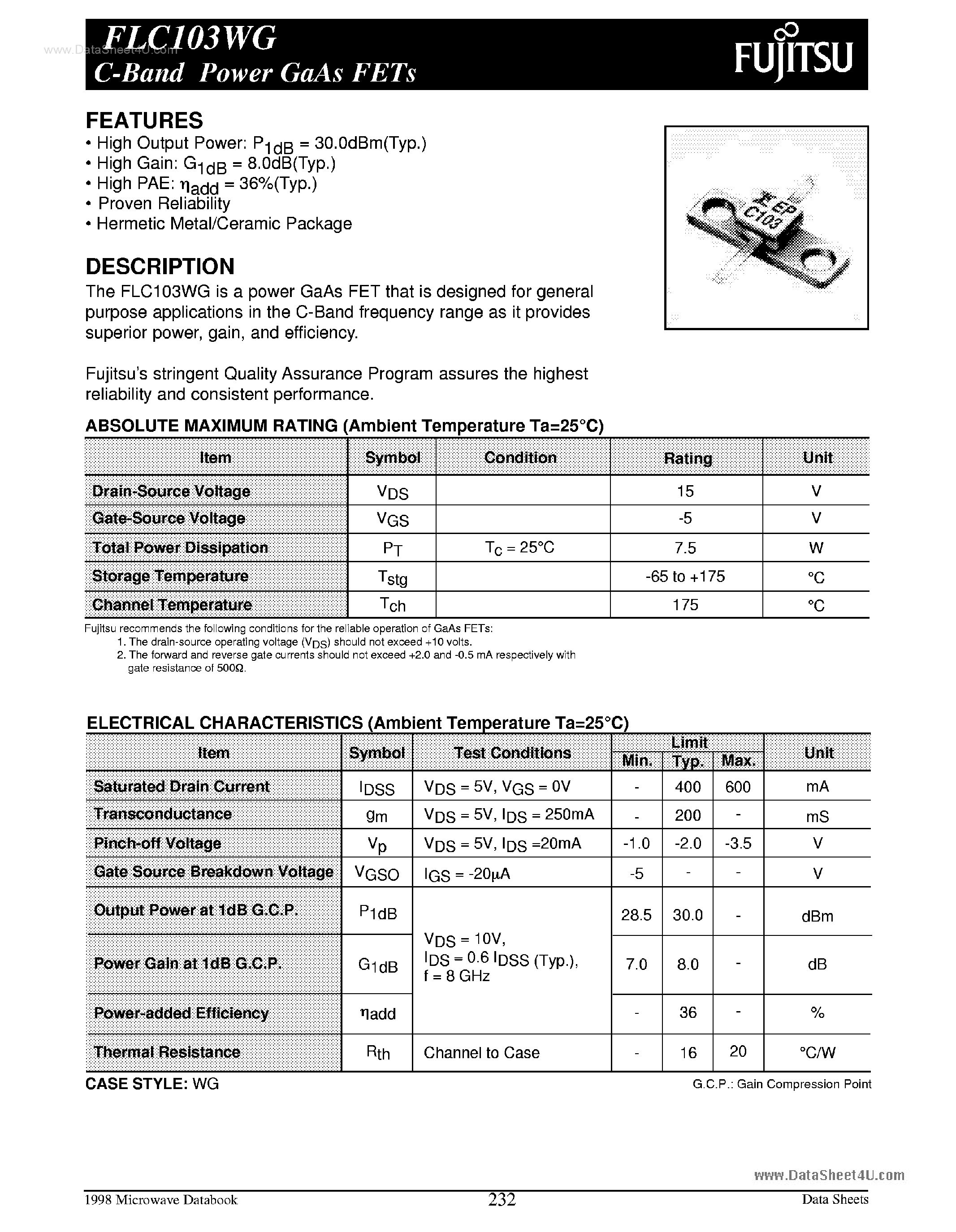 Даташит FLC103WG - C-Band Power GaAs FETs страница 1