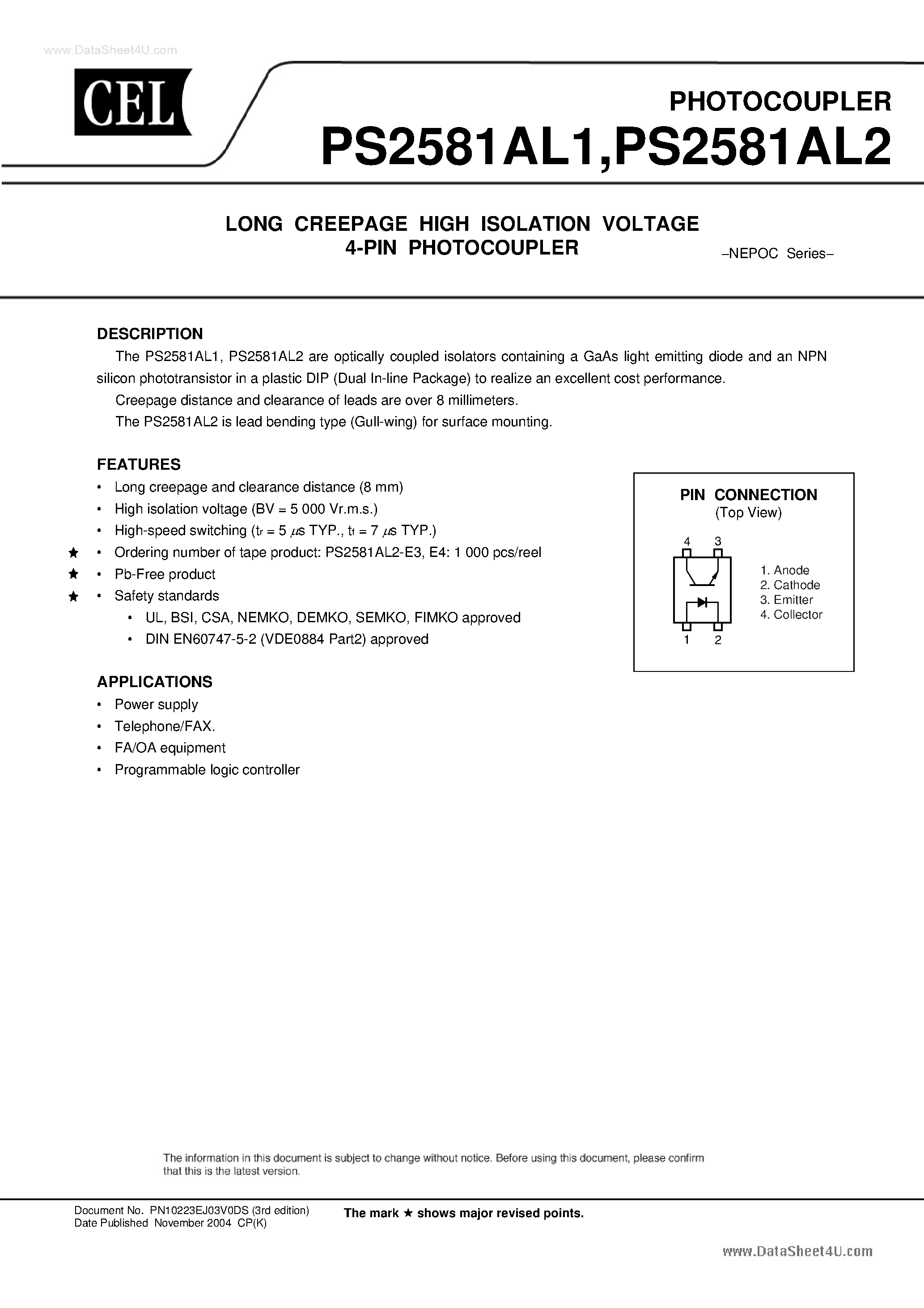 Даташит PS2581AL1 - (PS2581AL1 / PS2581AL2) LONG CREEPAGE HIGH ISOLATION VOLTAGE 4-PIN PHOTOCOUPLER страница 1