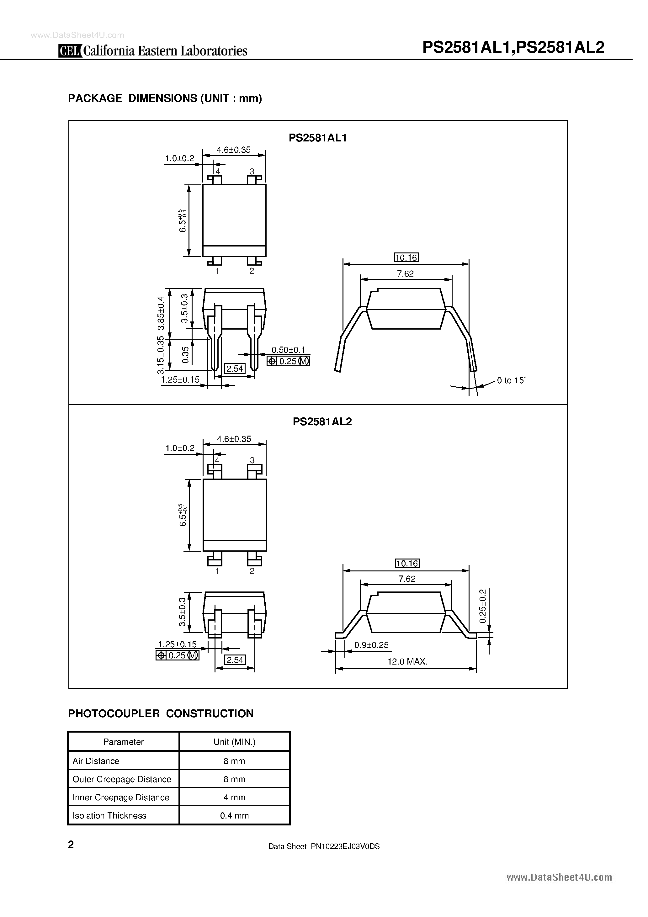Даташит PS2581AL1 - (PS2581AL1 / PS2581AL2) LONG CREEPAGE HIGH ISOLATION VOLTAGE 4-PIN PHOTOCOUPLER страница 2