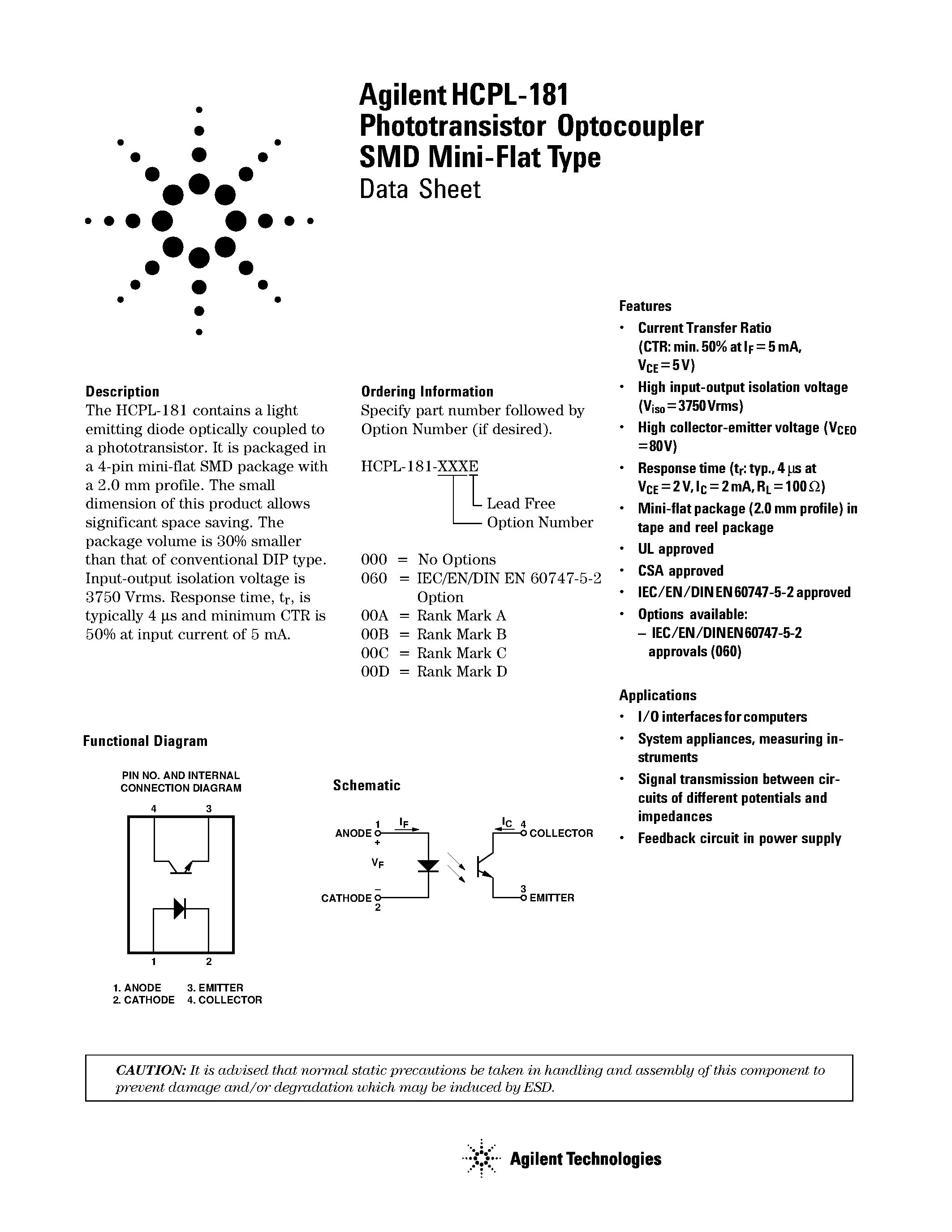 Datasheet HCPL-181 page 1 Datasheet HCPL-181 - Phototransistor Optocoupler SMD Mini-Flat Type page 1