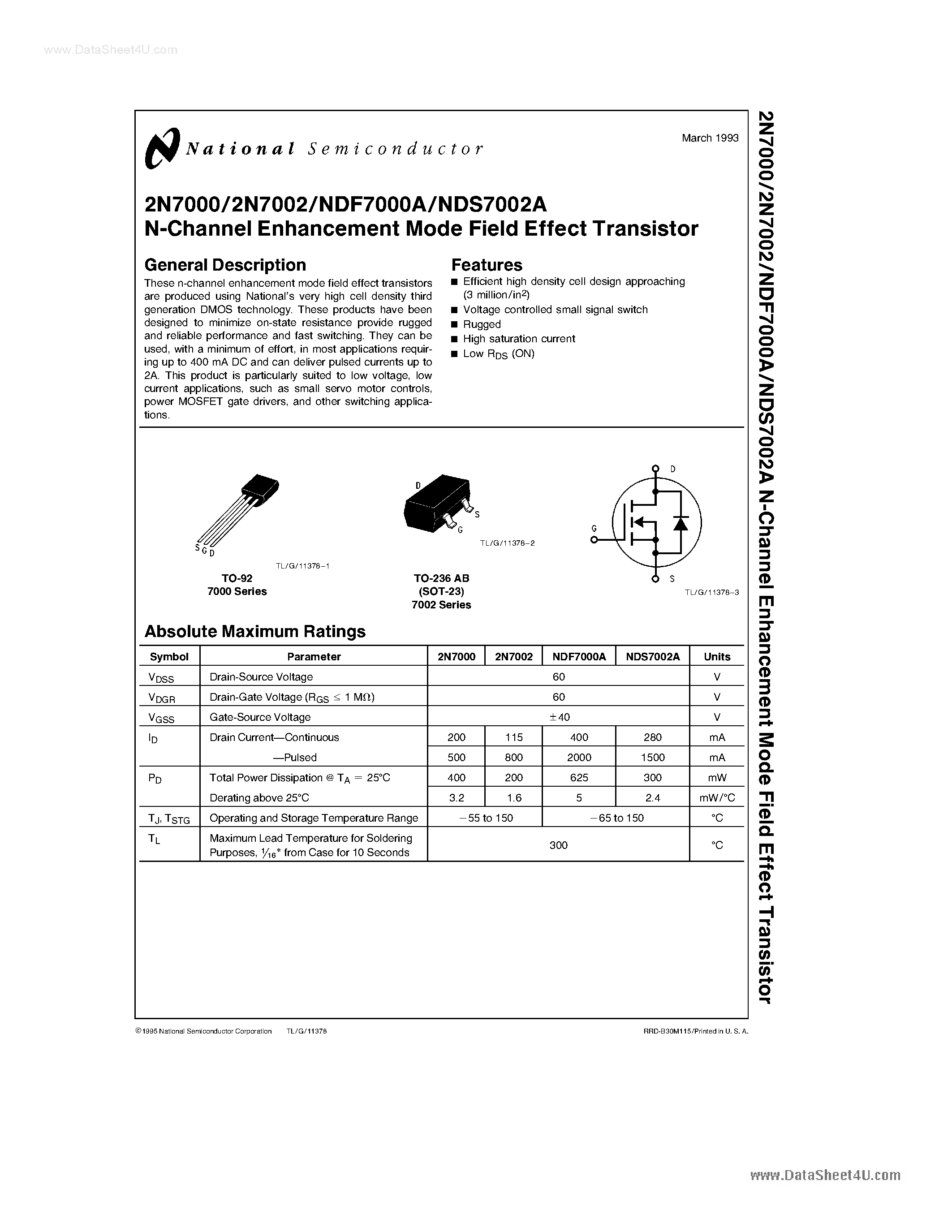 Datasheet NDS7000A - (NDS7000A / NDS7002A) N-Channel Enhancement Mode Field Effect Transistor page 1