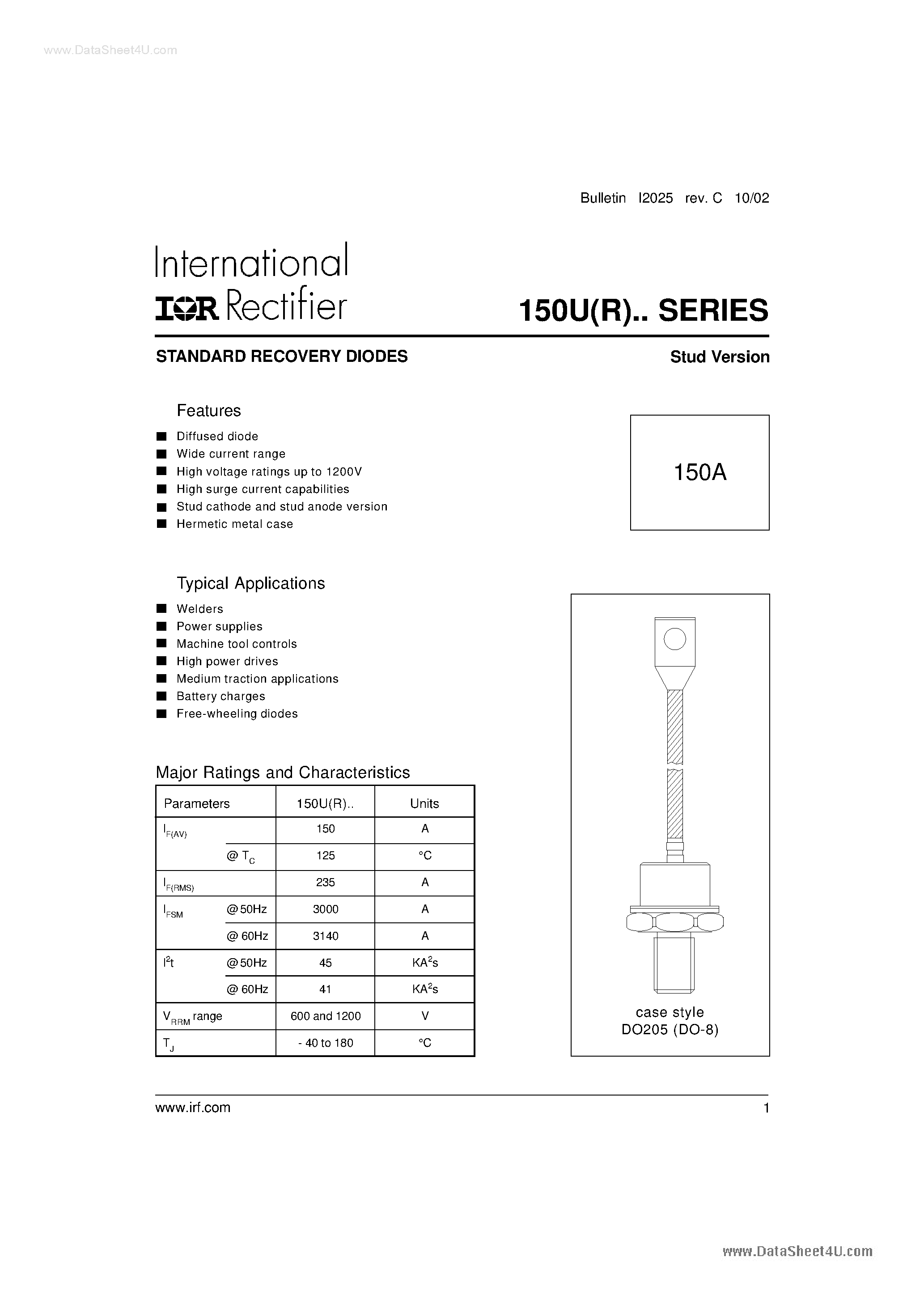 Даташит 150UR100D - (150UR Series) STANDARD RECOVERY DIODES страница 1
