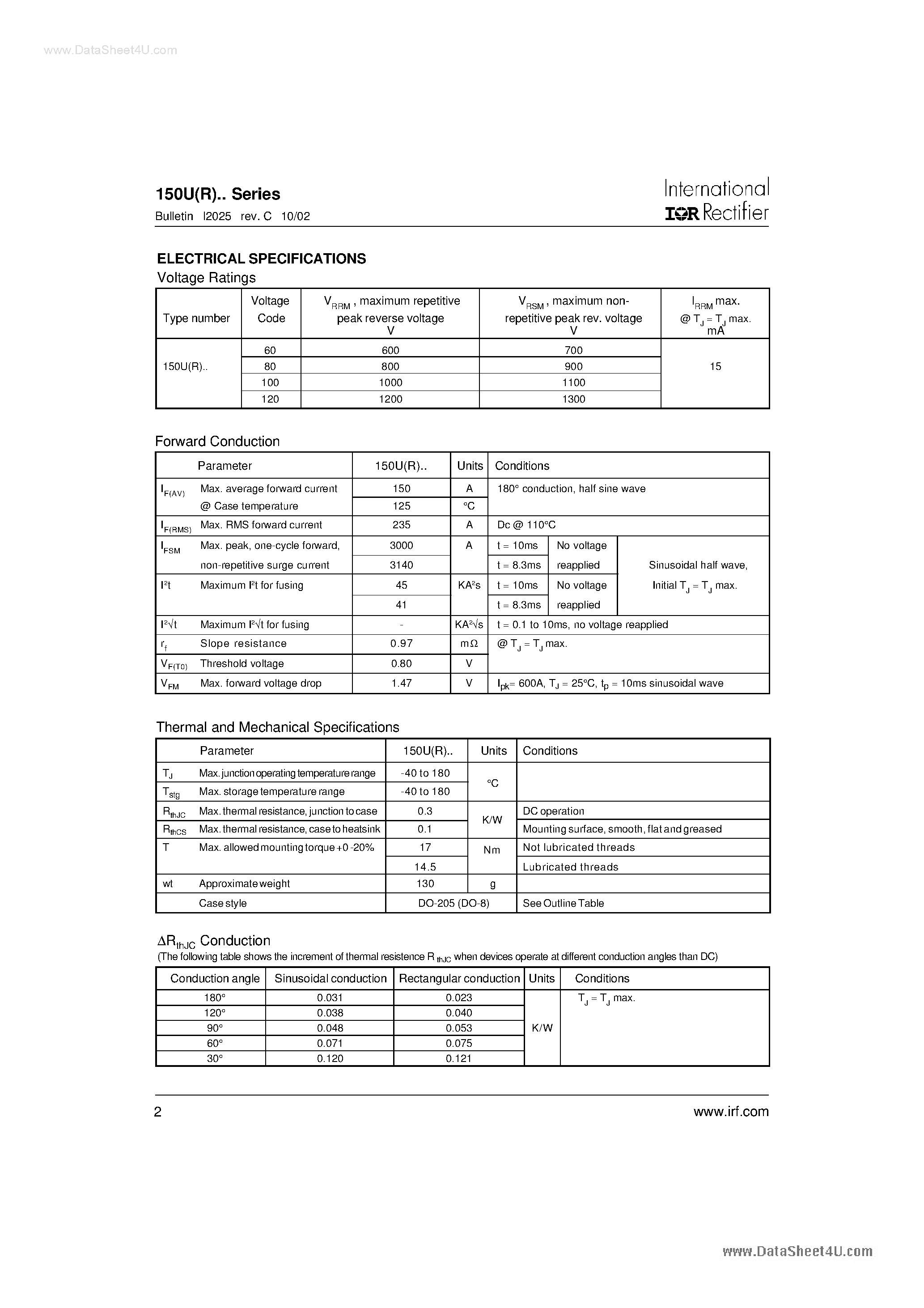 Даташит 150UR100D - (150UR Series) STANDARD RECOVERY DIODES страница 2