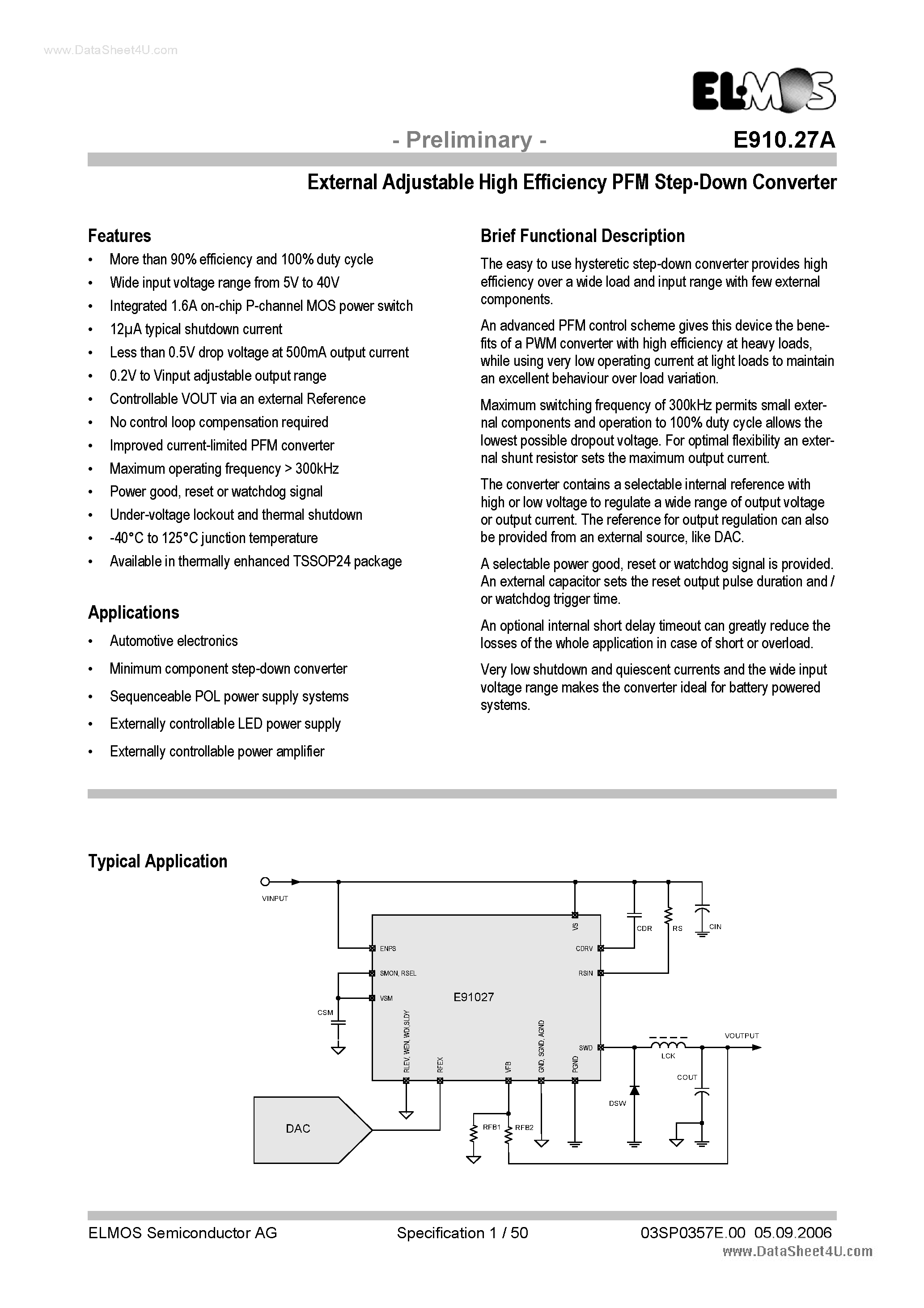 Даташит E910.27A - External Adjustable High Efficiency PFM Step-Down Converter страница 1