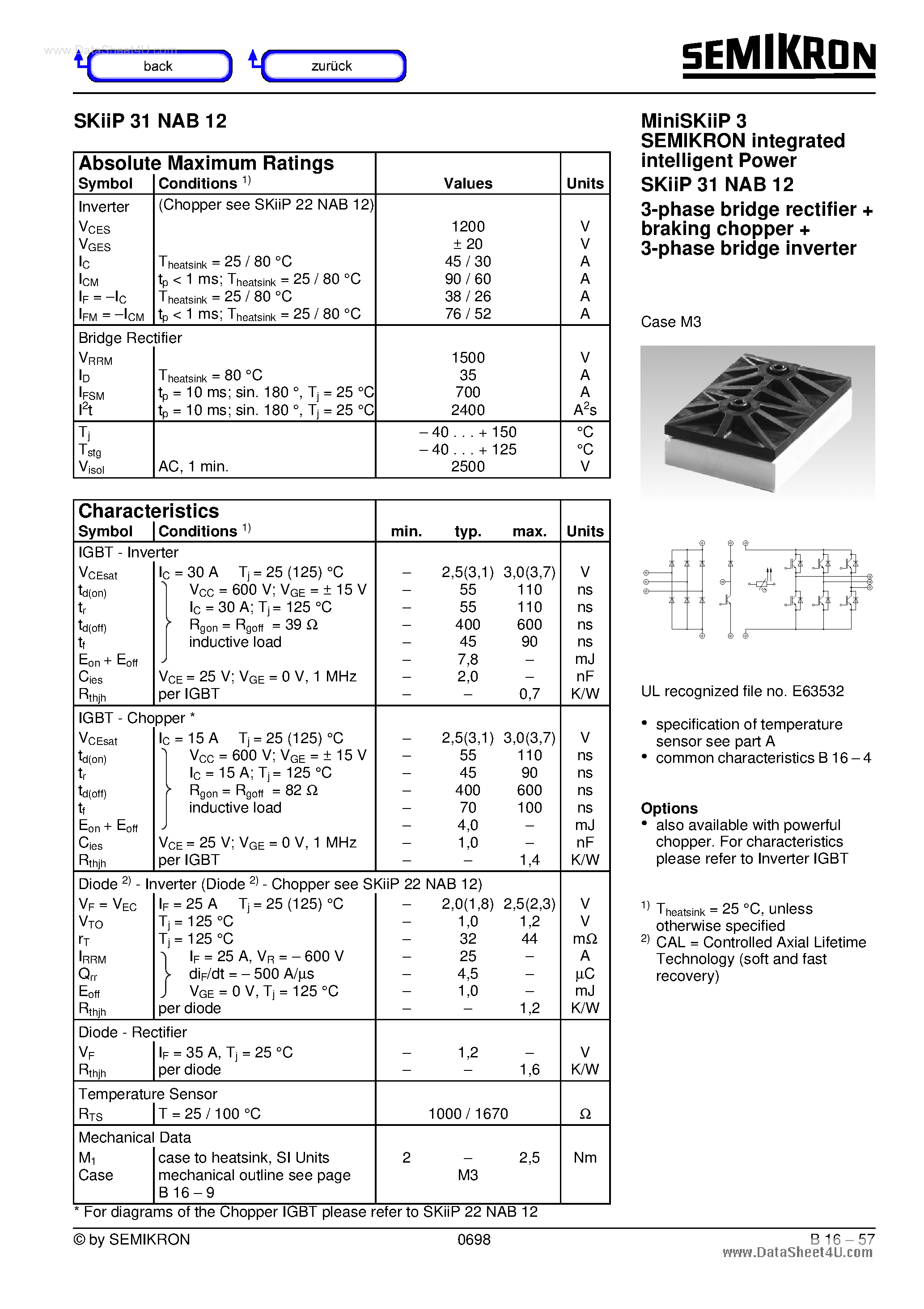 Datasheet SKIIP30NAB12 - 3-phase bridge rectifier braking chopper 3-phase bridge inverter page 1
