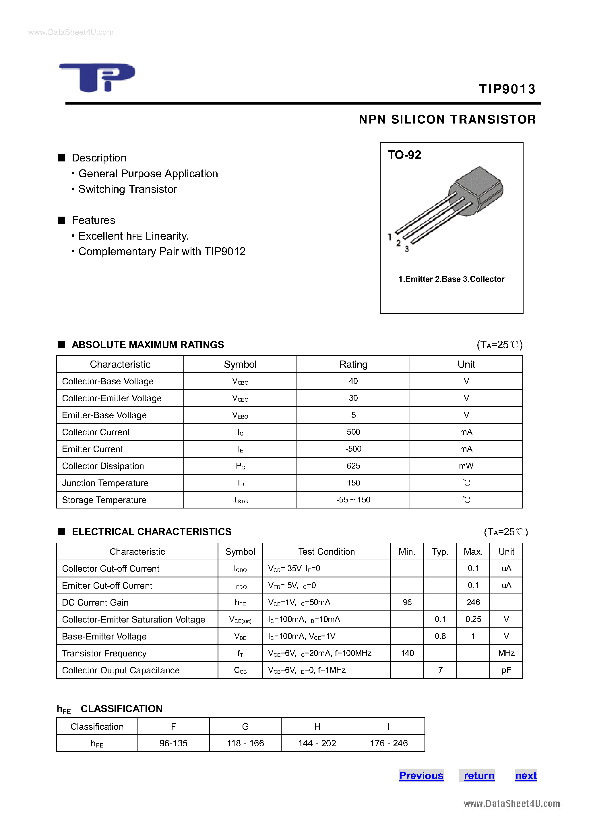 Datasheet TIP9013 page 1 Datasheet TIP9013 - NPN SILICON TRANSISTOR page 1