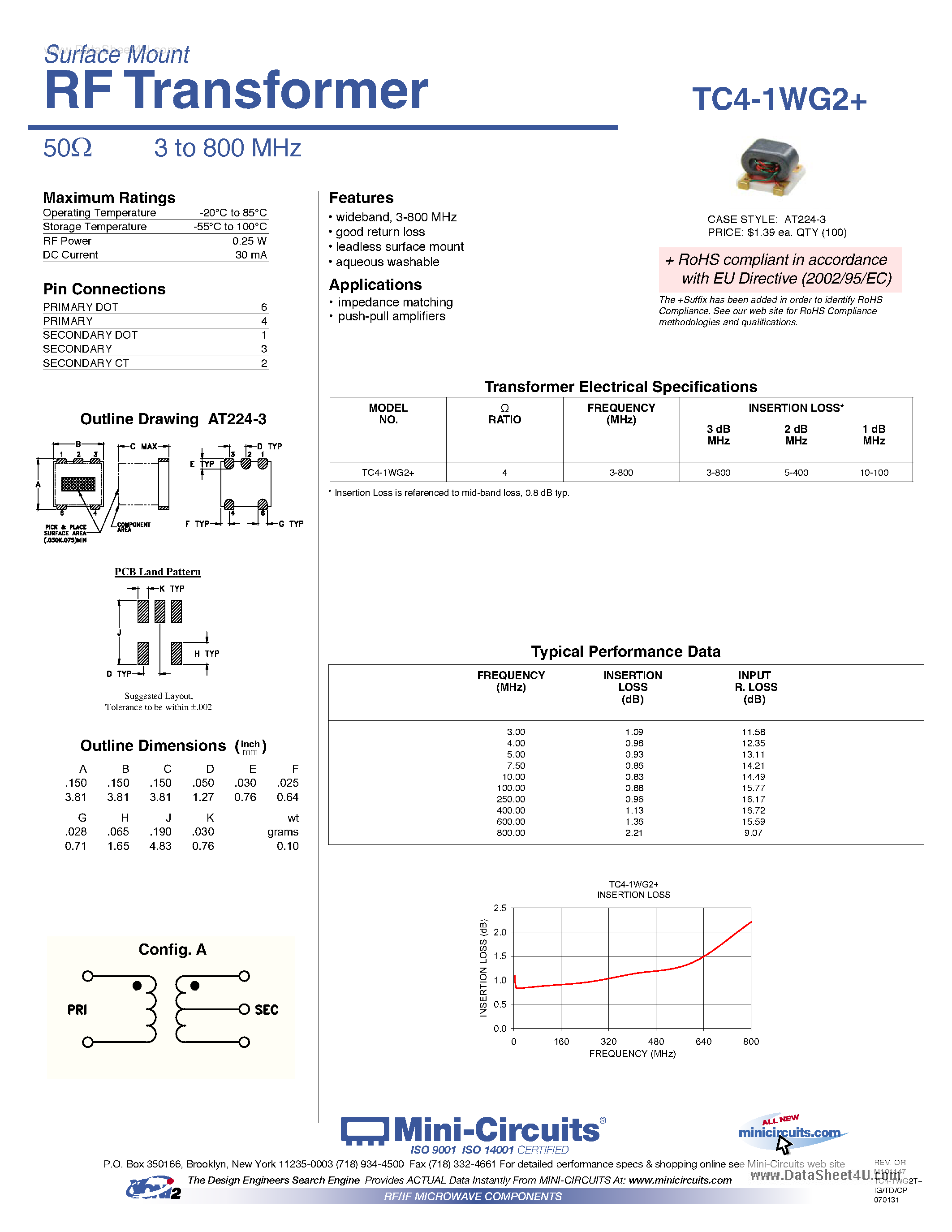 Даташит на микросхему TC4-1WG2+ страница 1 Даташит TC4-1WG2+ - RF Transformer страница 1