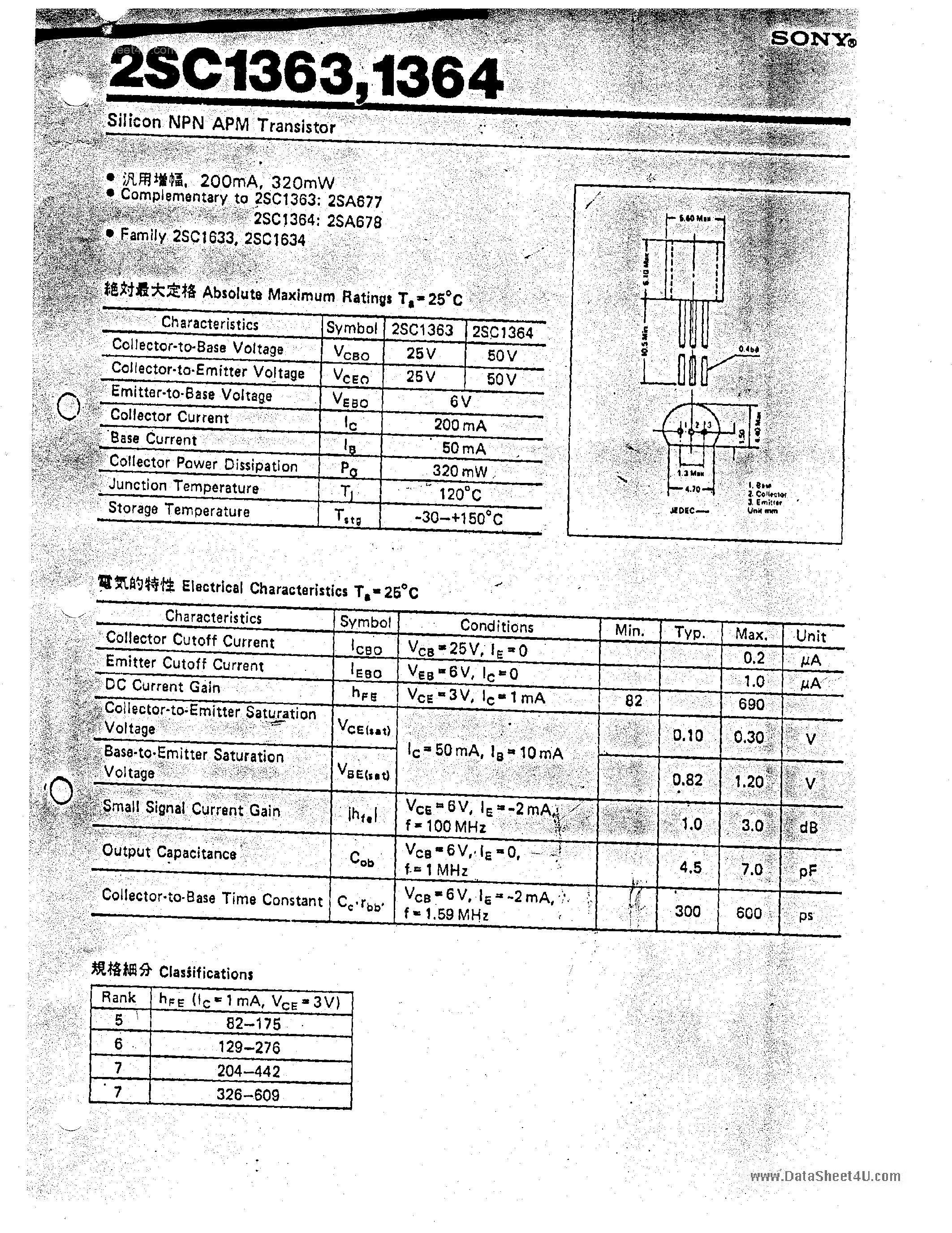 Datasheet 2SC1363 - (2SC1363 / 2SC1364) Silicon NPN APM Transistor page 1