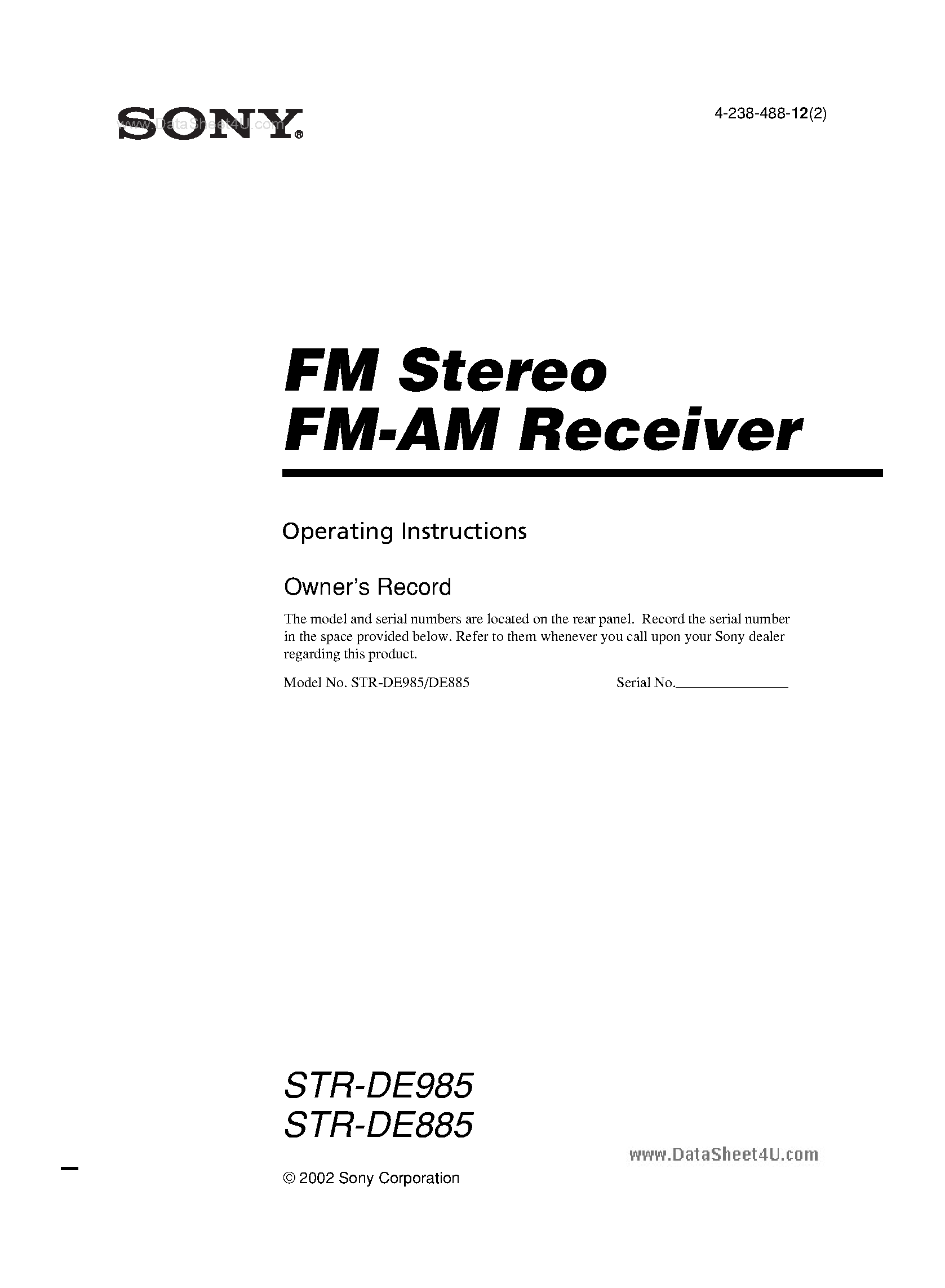 Даташит STR-DE885 - (STR-DE885 / STR-DE985) FM-AM Stereo Receiver страница 1