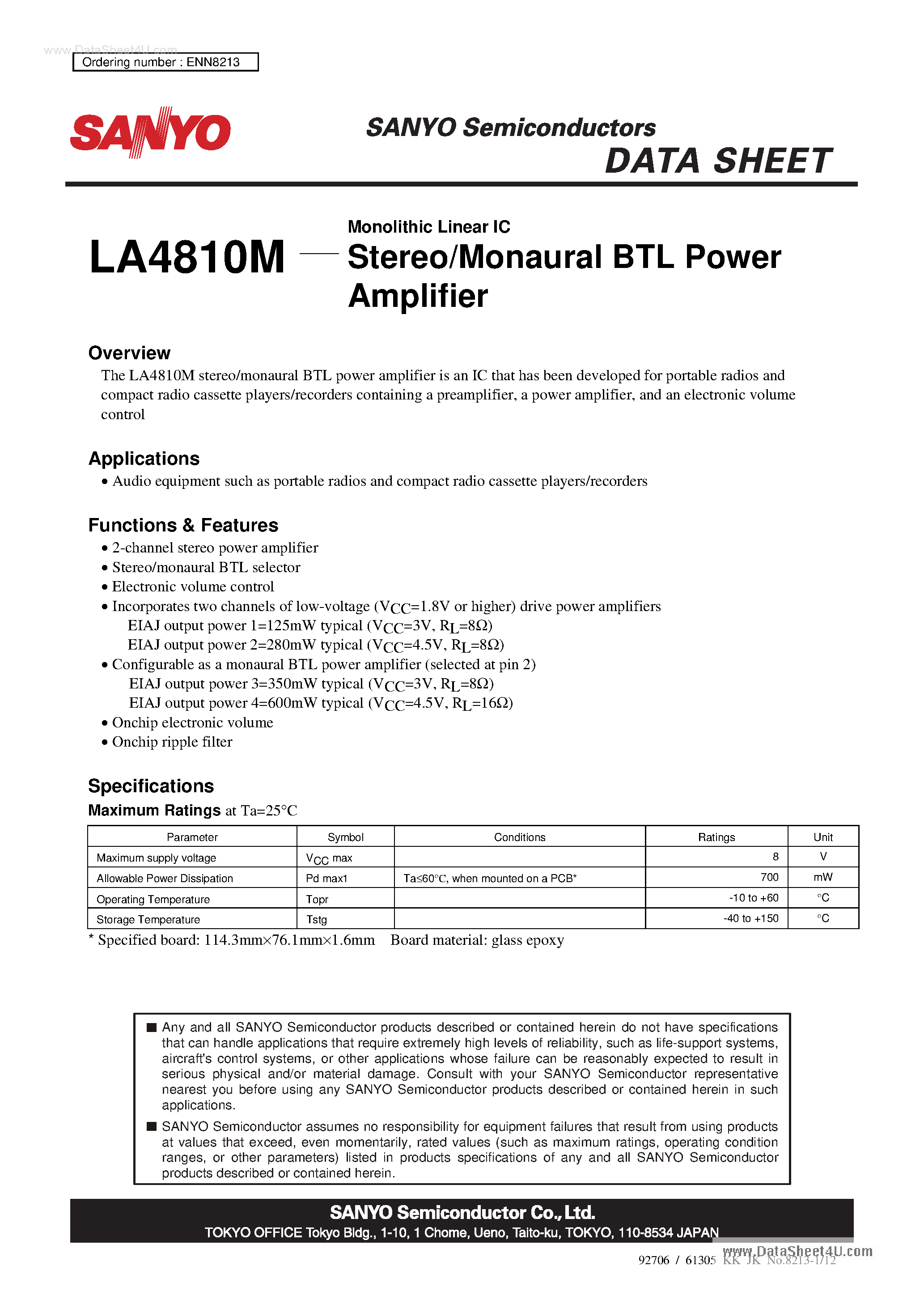 Даташит LA4810M - Monolithic Linear IC Stereo/Monaural BTL Power страница 1