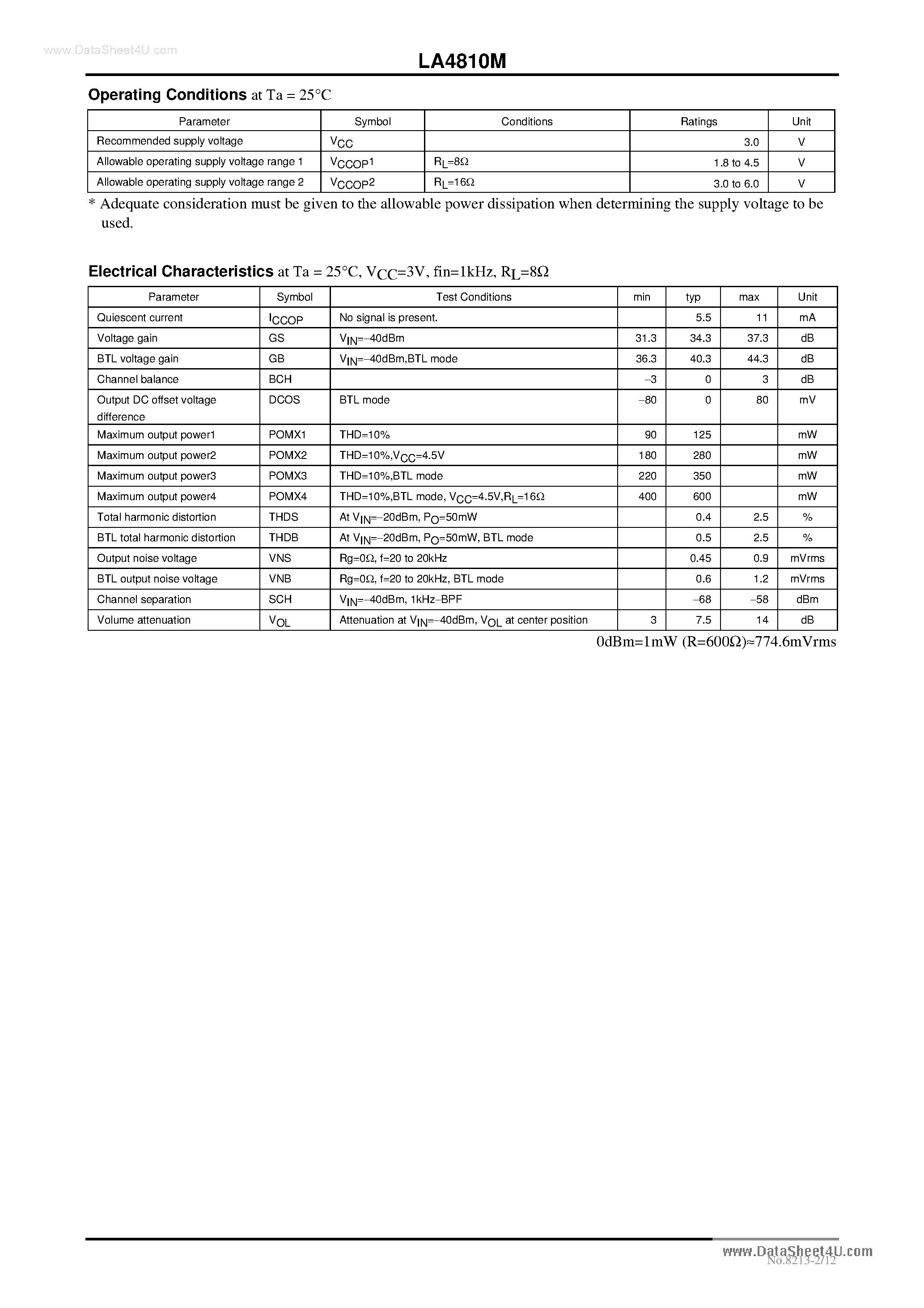 Даташит LA4810M - Monolithic Linear IC Stereo/Monaural BTL Power страница 2