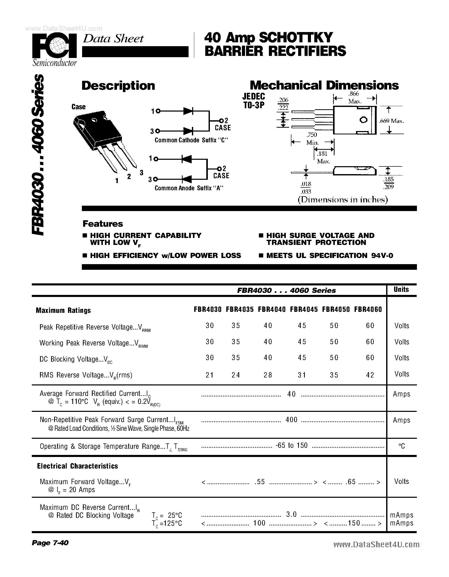 Datasheet FBR4030 - (FBR4030 - FBR4060) 40 Amp SCHOTTKY BARRIER RECTIFIERS page 1