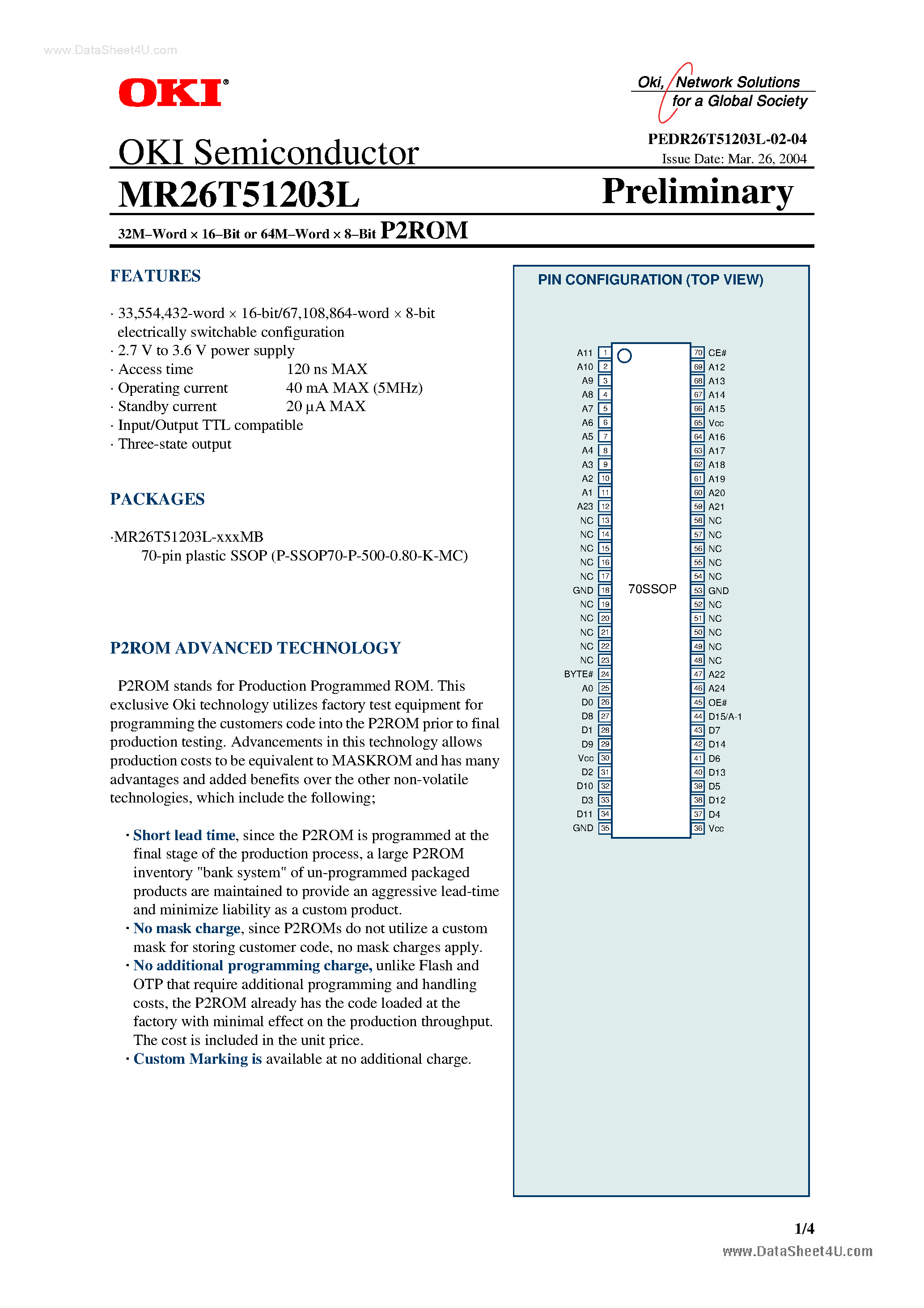 Datasheet MR26T51203L - 32M-Word x 16-Bit or64M-Word x 8-Bit P2ROM page 1
