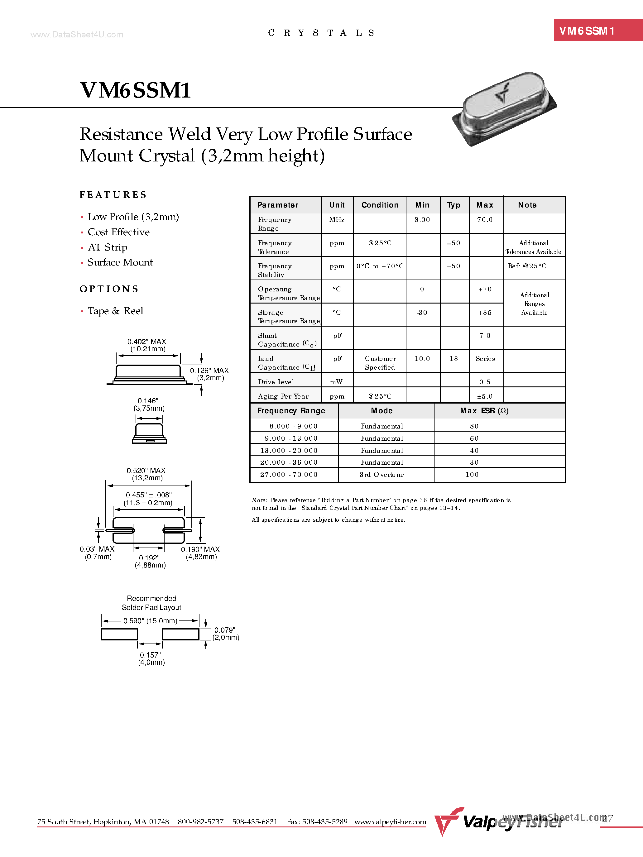 Datasheet VM6SSM1 - Resistance Weld Very Low Profile Surface Mount Crystal page 1