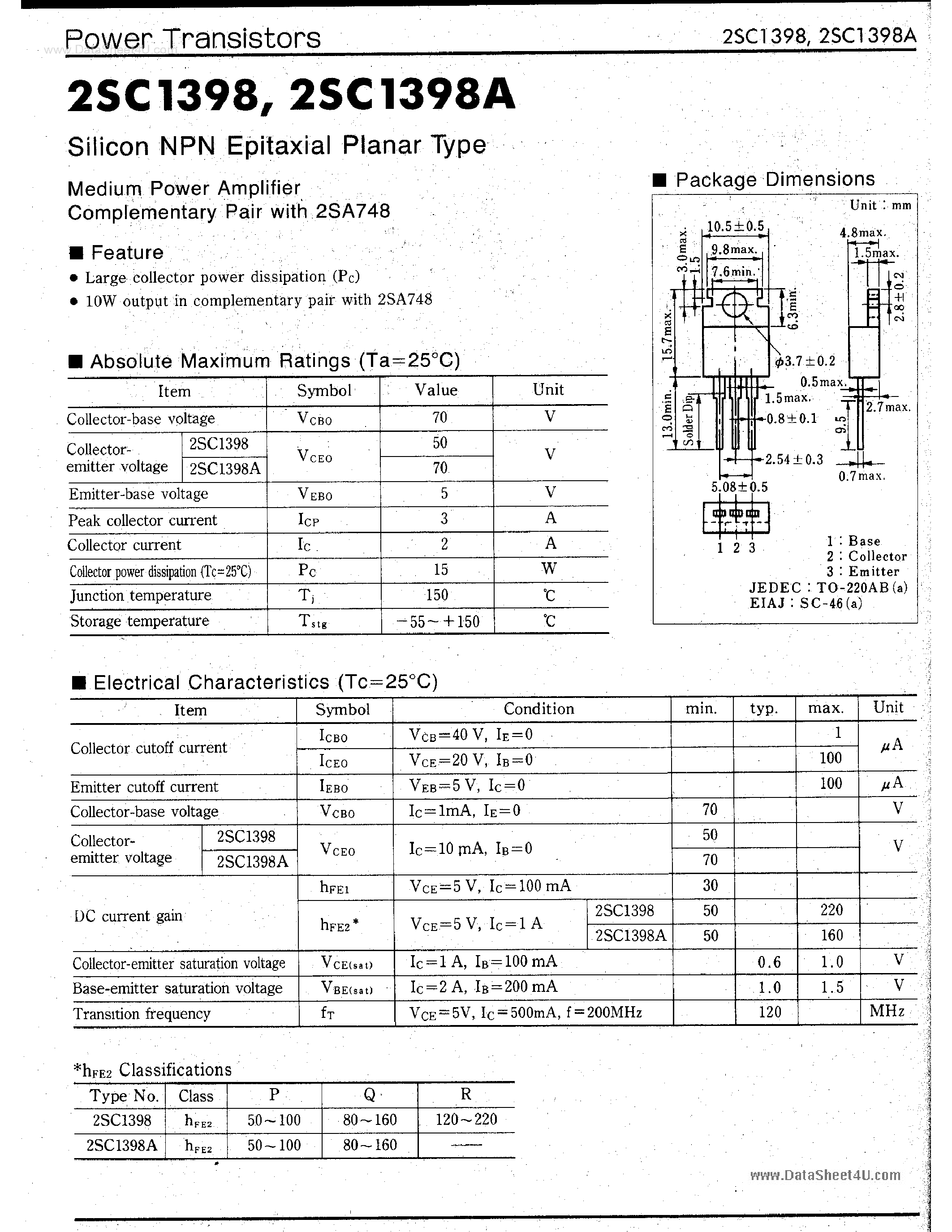 Datasheet 2SC1398 - Silicon NPN Epitaxial Planar Type page 1