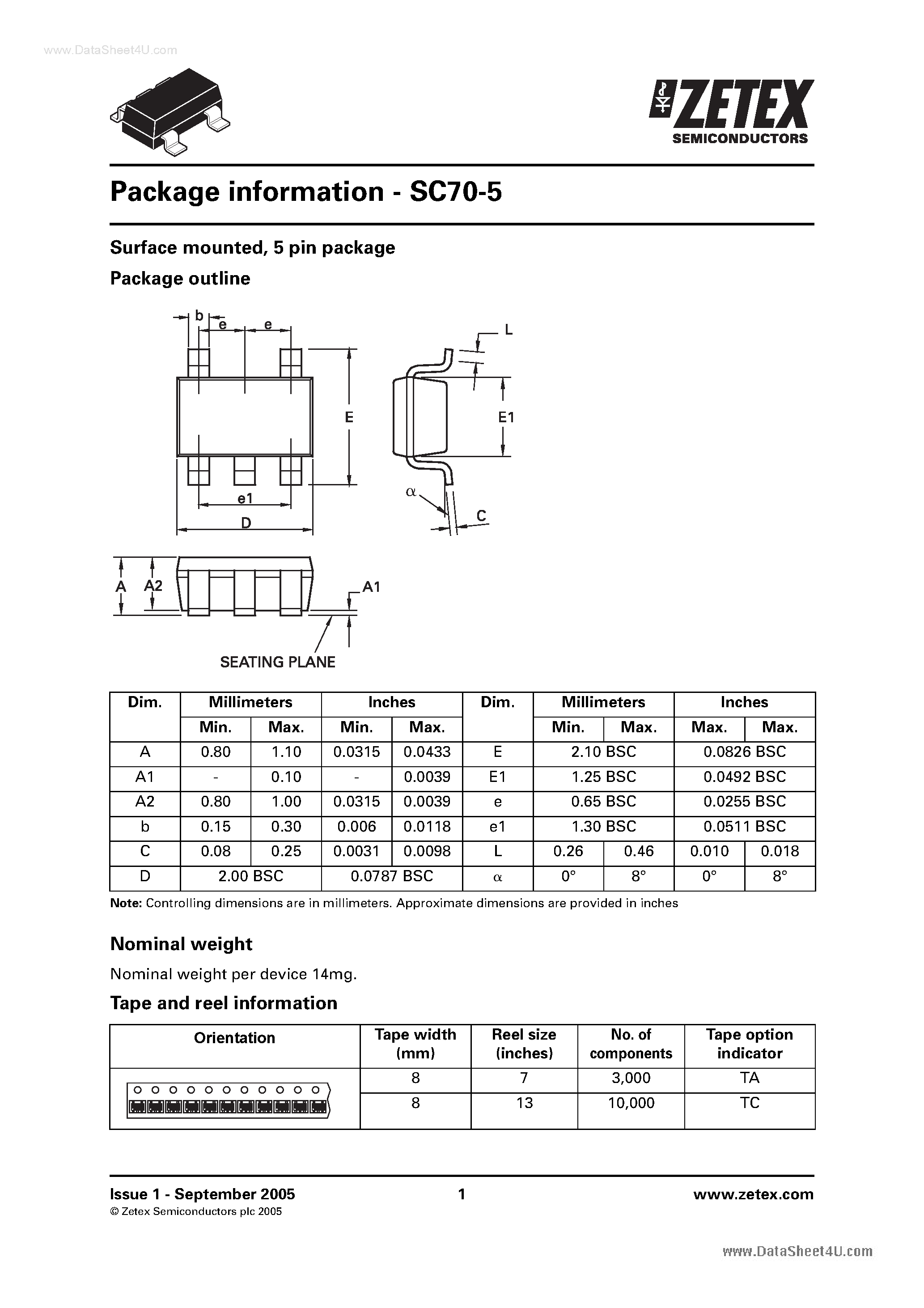 Datasheet SC70-5 - Surface mounted / 5 pin package Package outline page 1