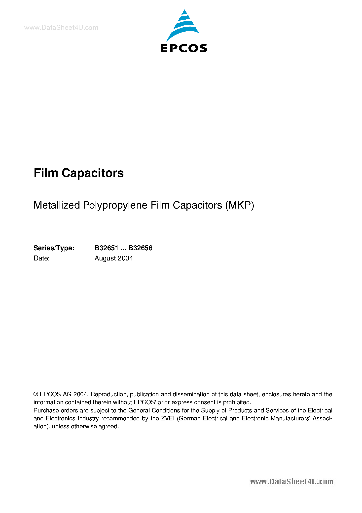 Datasheet B32651 - (B32651 - B32656) Metallized Polypropylene Film Capacitors page 1