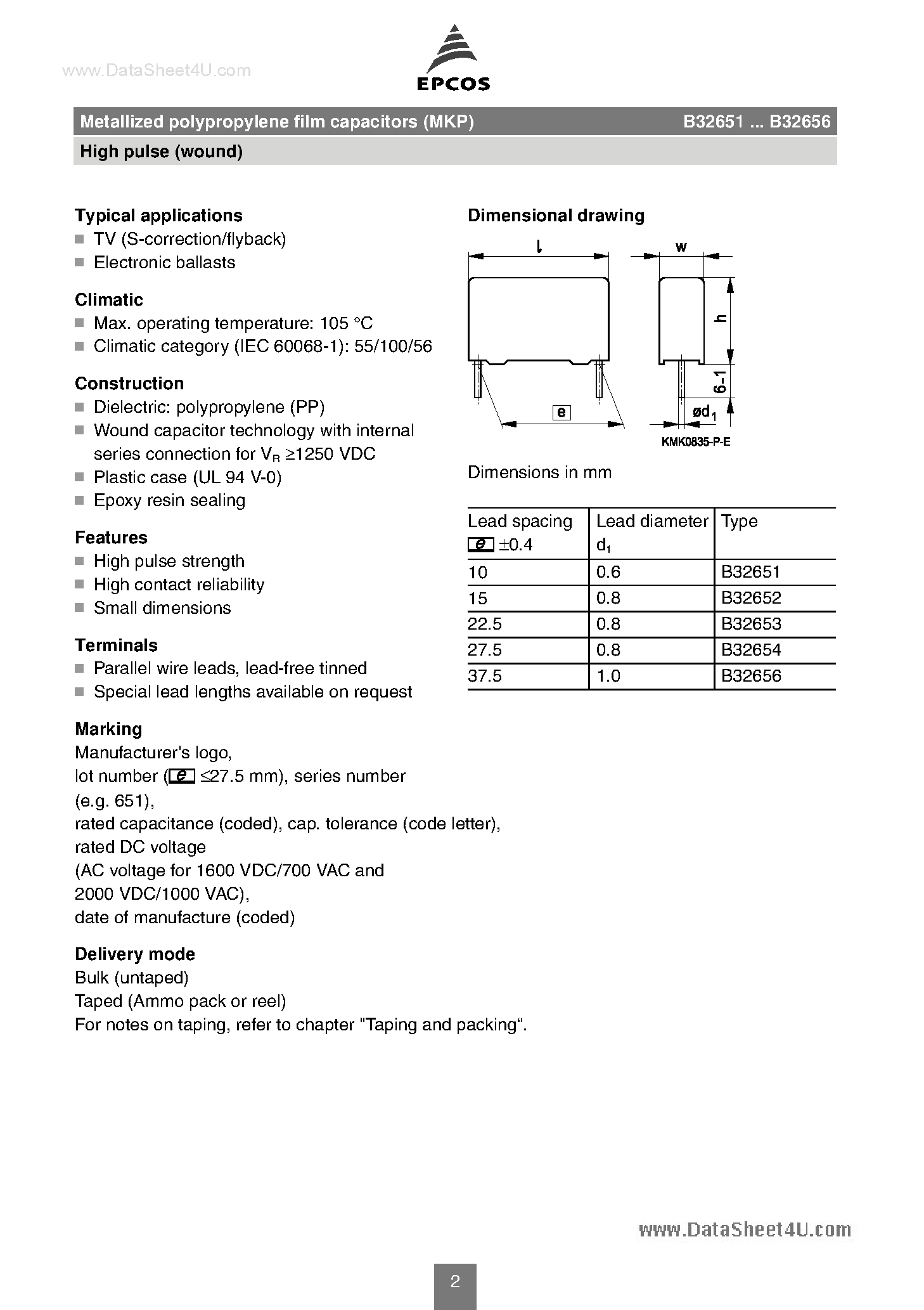 Datasheet B32651 - (B32651 - B32656) Metallized Polypropylene Film Capacitors page 2