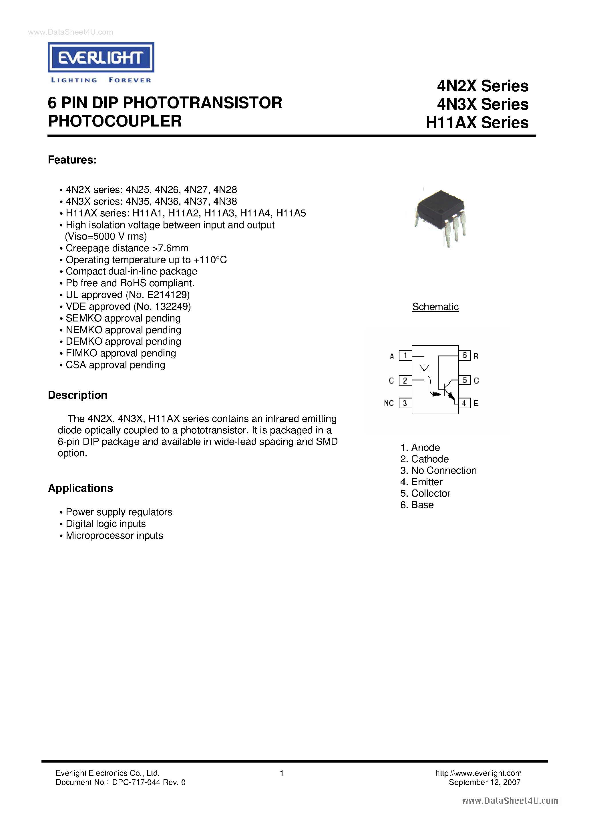 Даташит на микросхему 4N25 страница 1 Даташит 4N25 - (4N2x) 6 PIN DIP PHOTOTRANSISTOR PHOTOCOUPLER страница 1