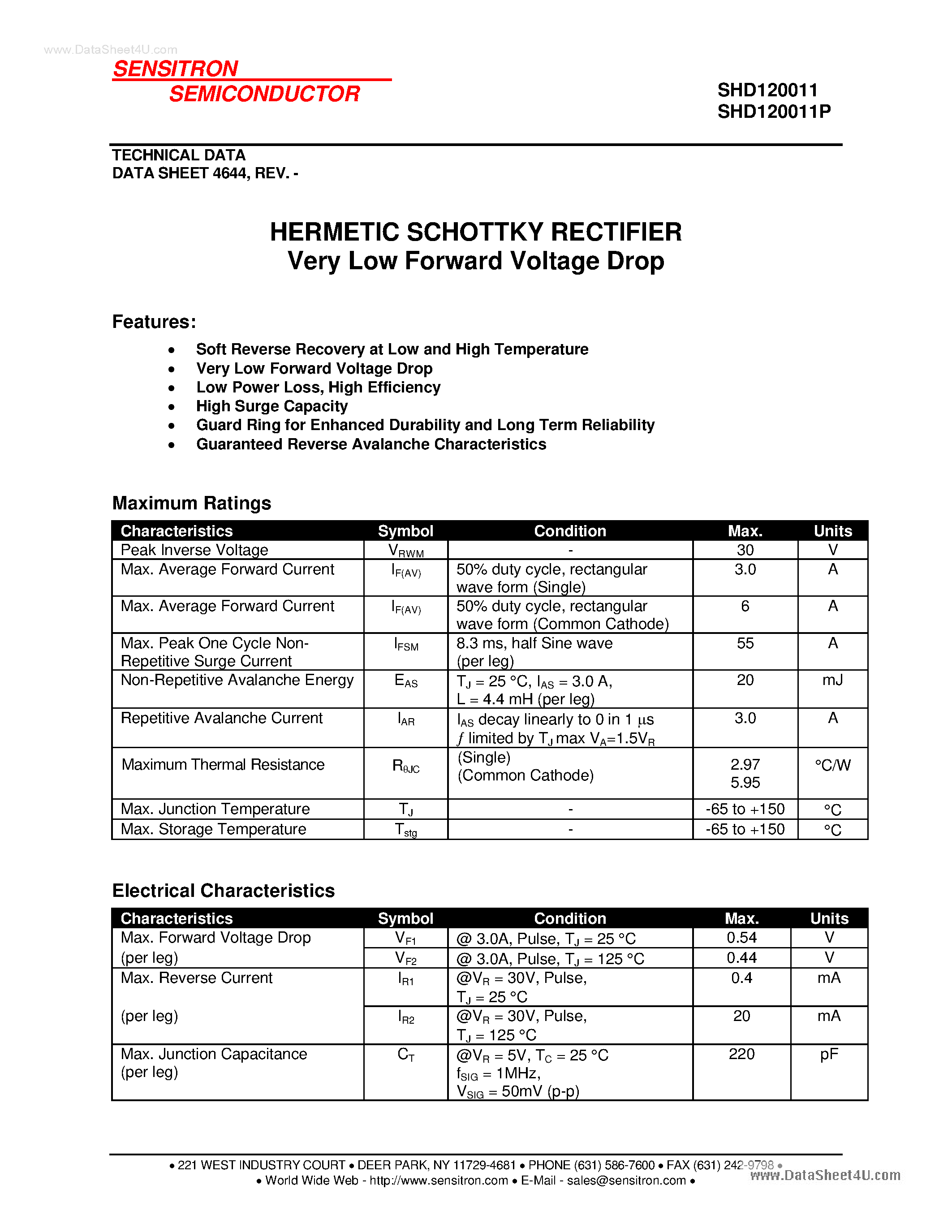 Datasheet SHD120011 page 1 Datasheet SHD120011 - HERMETIC SCHOTTKY RECTIFIER page 1