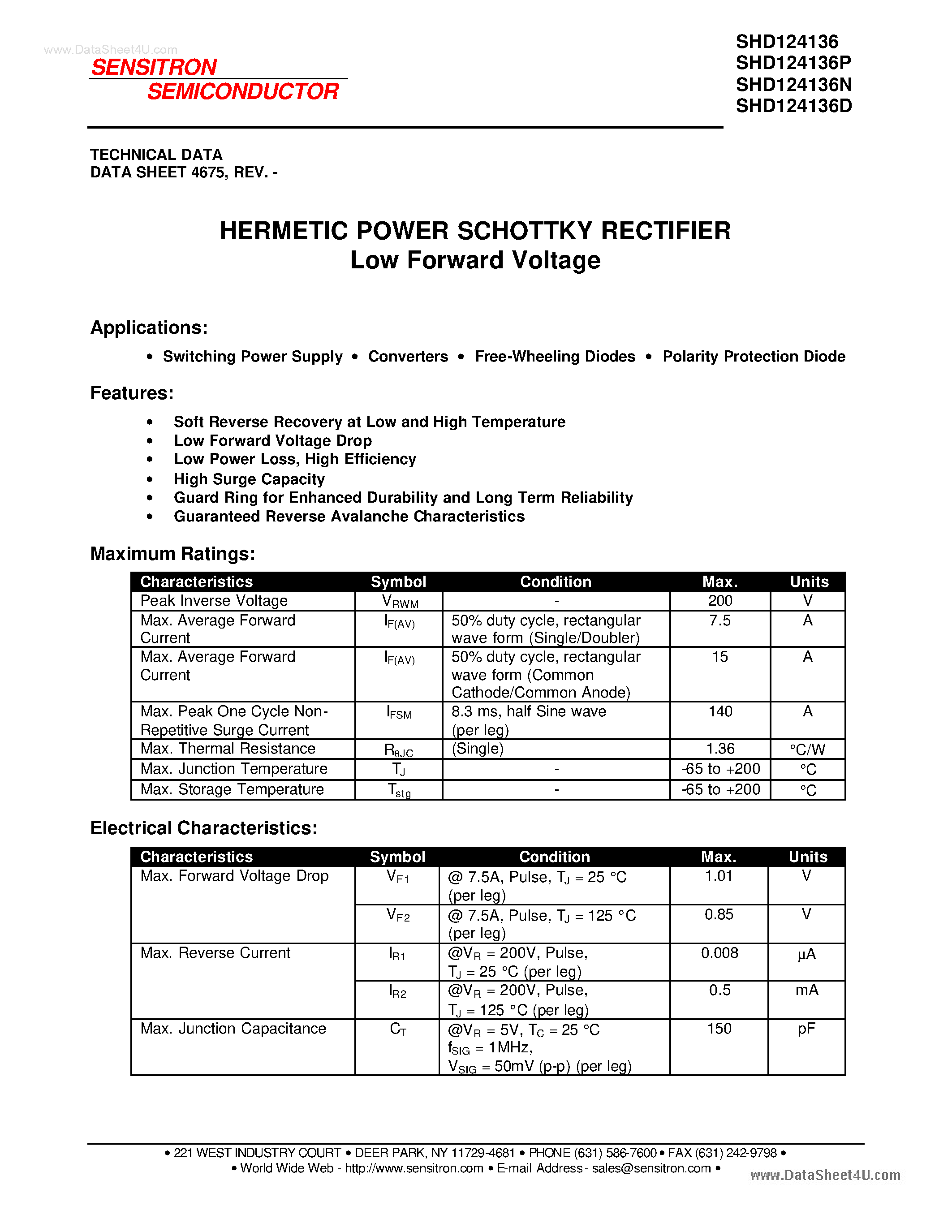 Datasheet SHD124136 page 1 Datasheet SHD124136 - HERMETIC POWER SCHOTTKY RECTIFIER page 1