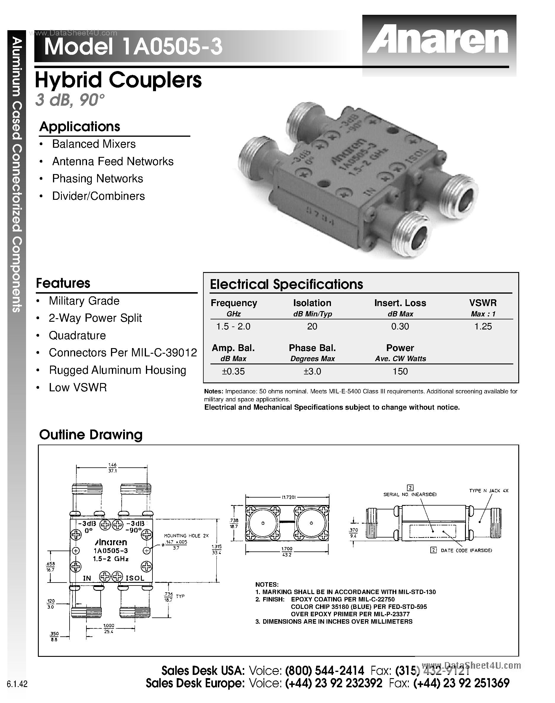 Datasheet 1A0505-3 page 1 Datasheet 1A0505-3 - Hybrid Couplers page 1