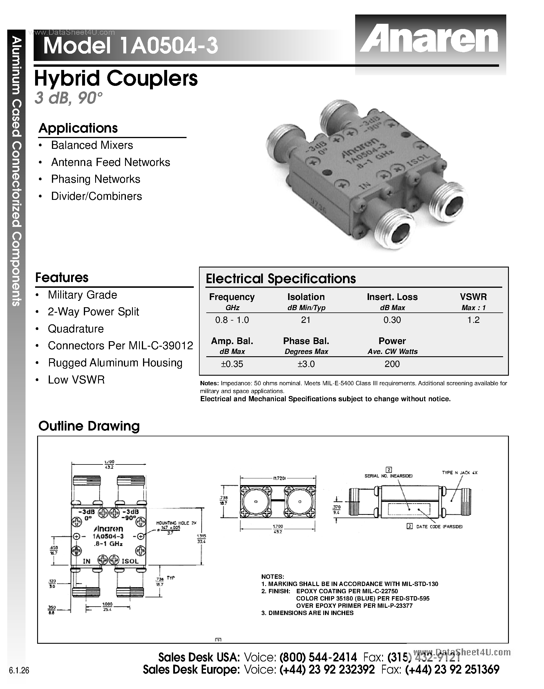 Datasheet 1A0504-3 page 1 Datasheet 1A0504-3 - Hybrid Couplers page 1