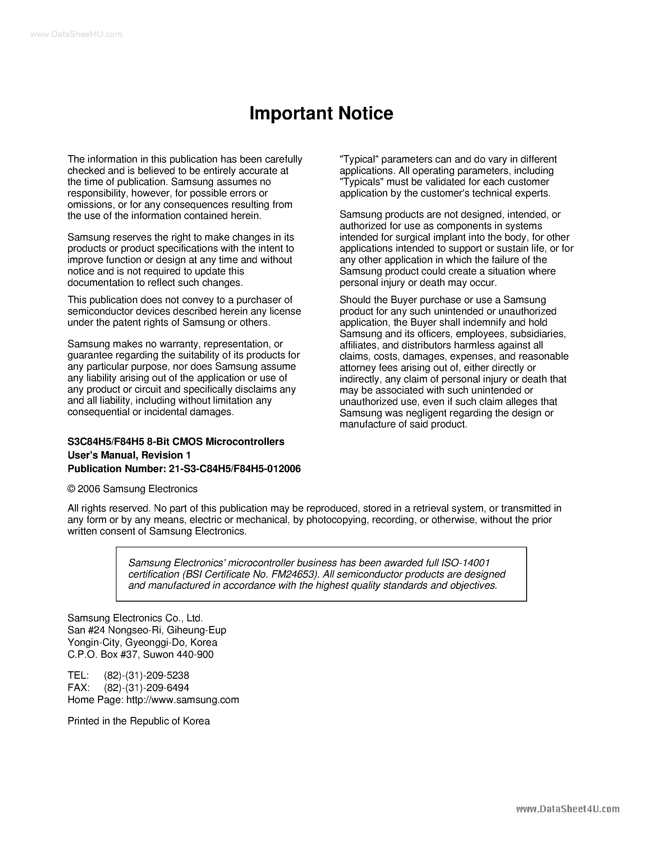 Даташит S3F84H5 - 8-bit single-chip CMOS microcontrollers страница 2