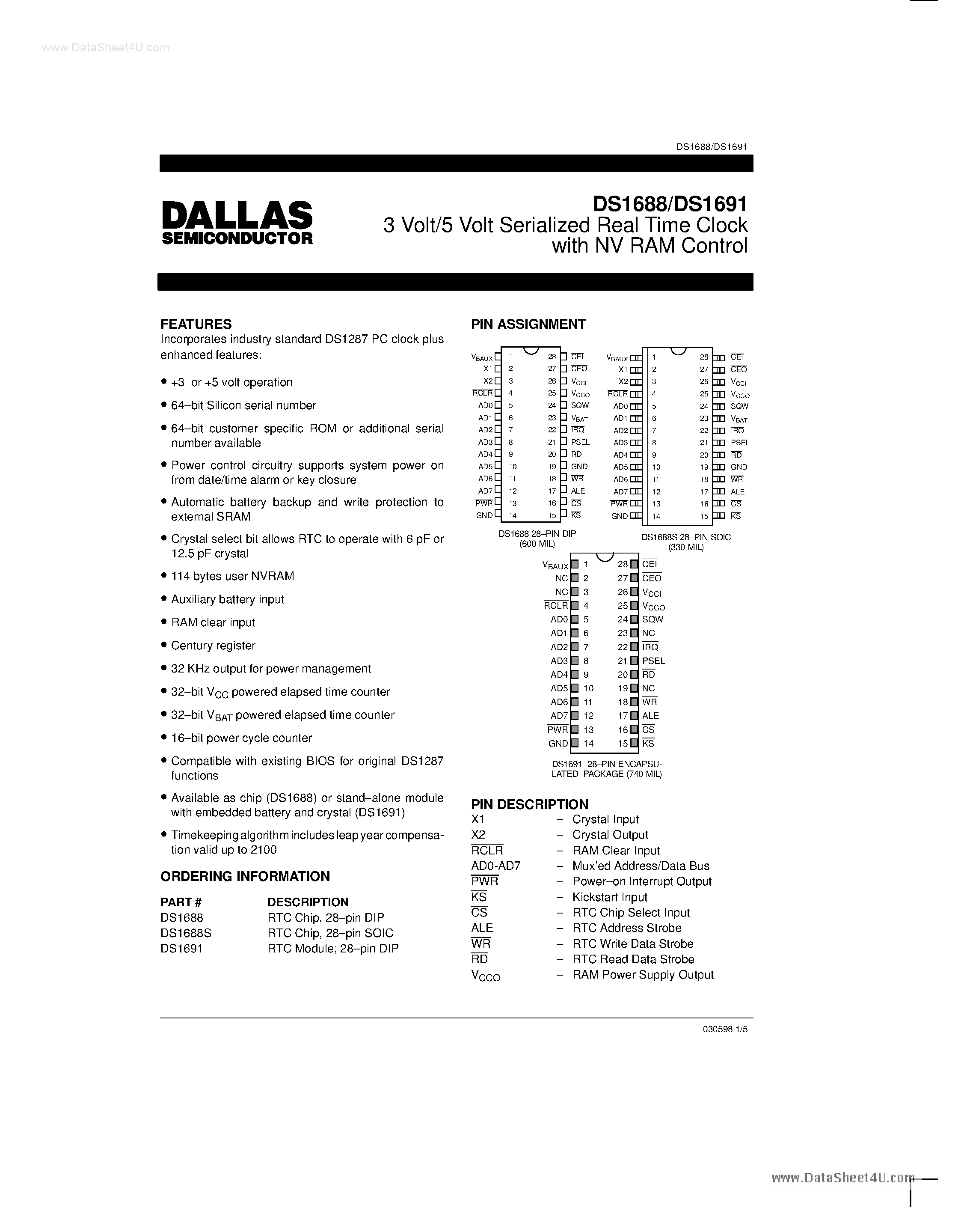 Datasheet DS1688 page 1 Datasheet DS1688 - (DS1688 / DS1691) 3 Volt/5 Volt Serialized Real Time Clock page 1