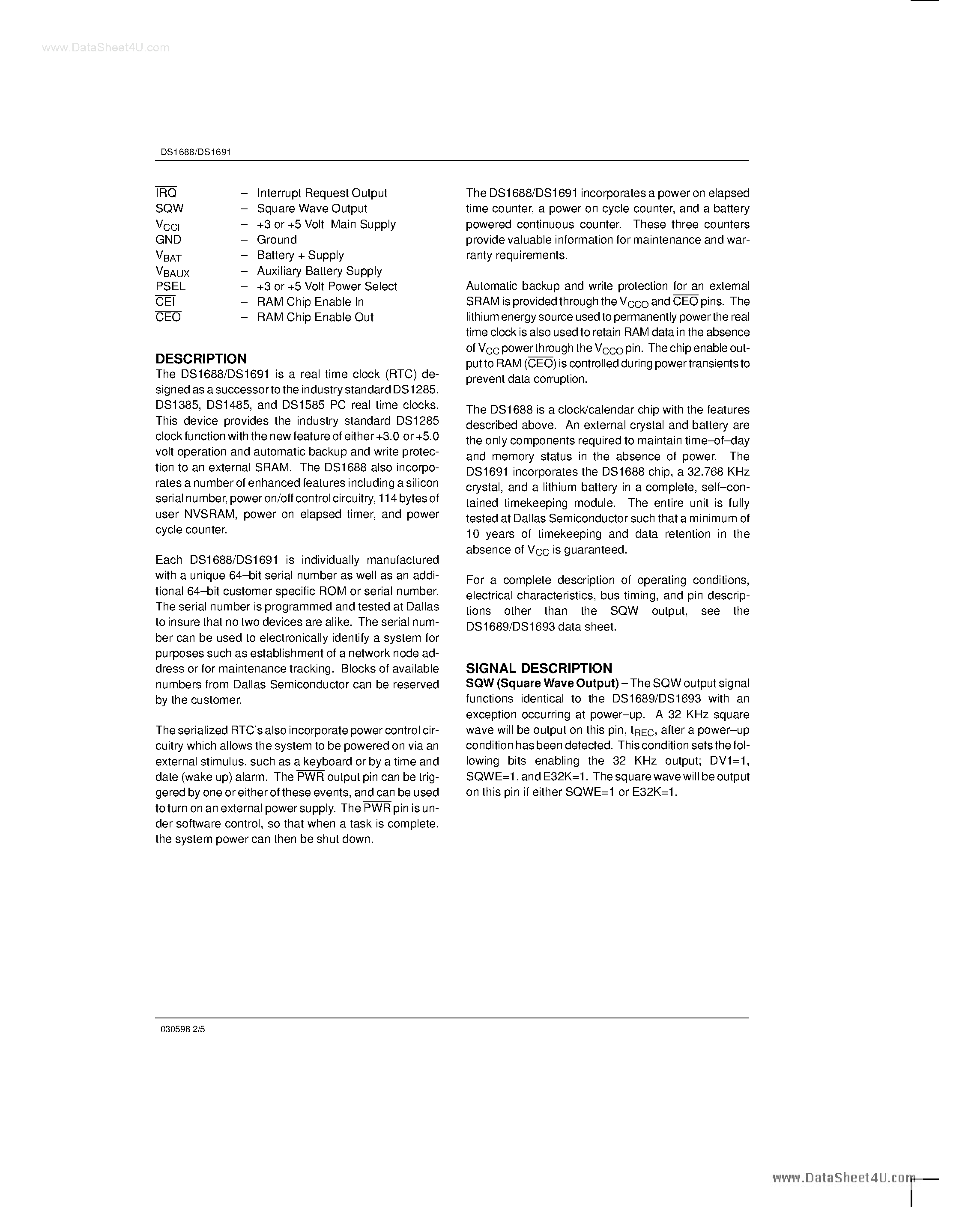 Datasheet DS1688 page 2 Datasheet DS1688 - (DS1688 / DS1691) 3 Volt/5 Volt Serialized Real Time Clock page 2