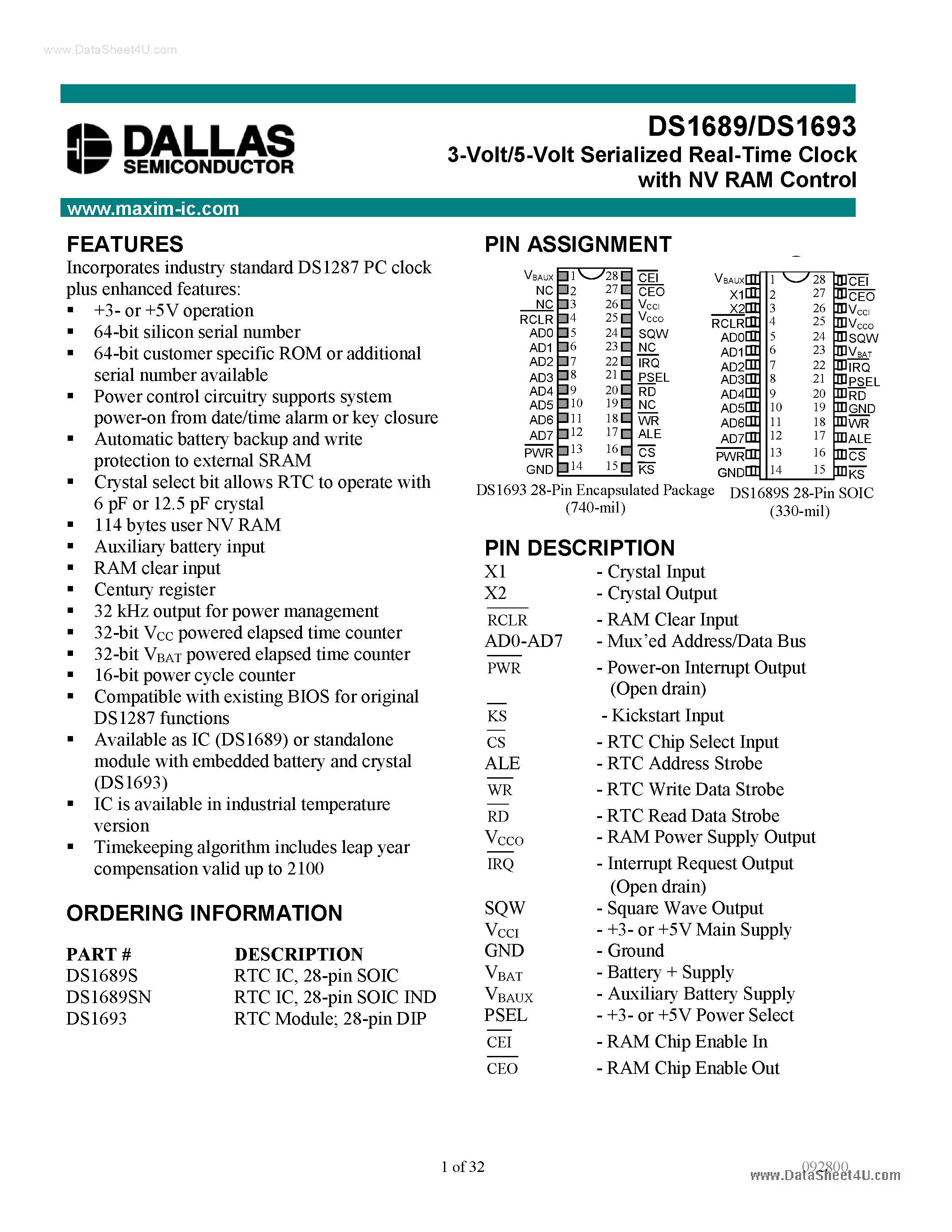 Datasheet DS1689 - (DS1689 / DS1693) 3-Volt/5-Volt Serialized Real-Time Clock page 1
