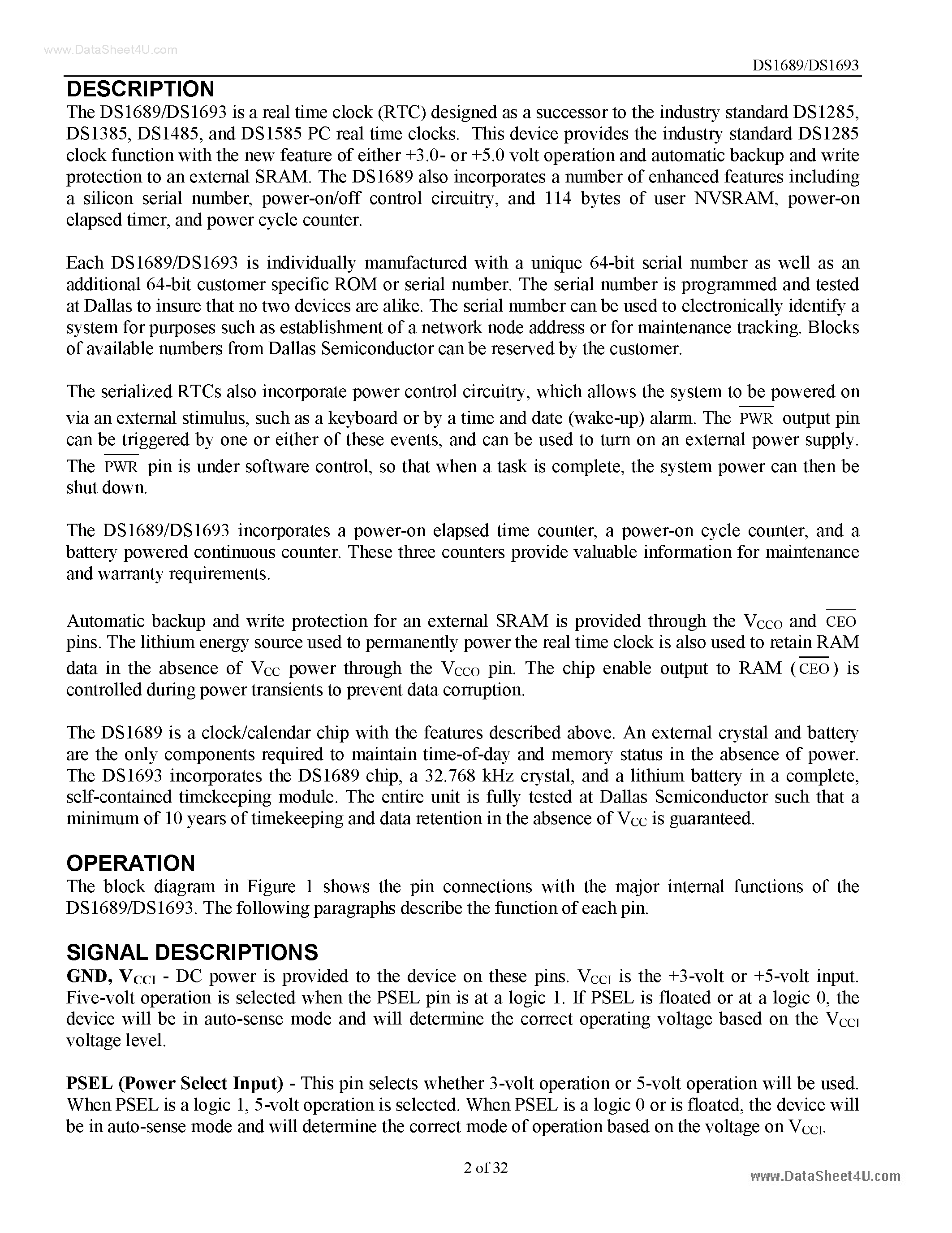 Datasheet DS1689 - (DS1689 / DS1693) 3-Volt/5-Volt Serialized Real-Time Clock page 2