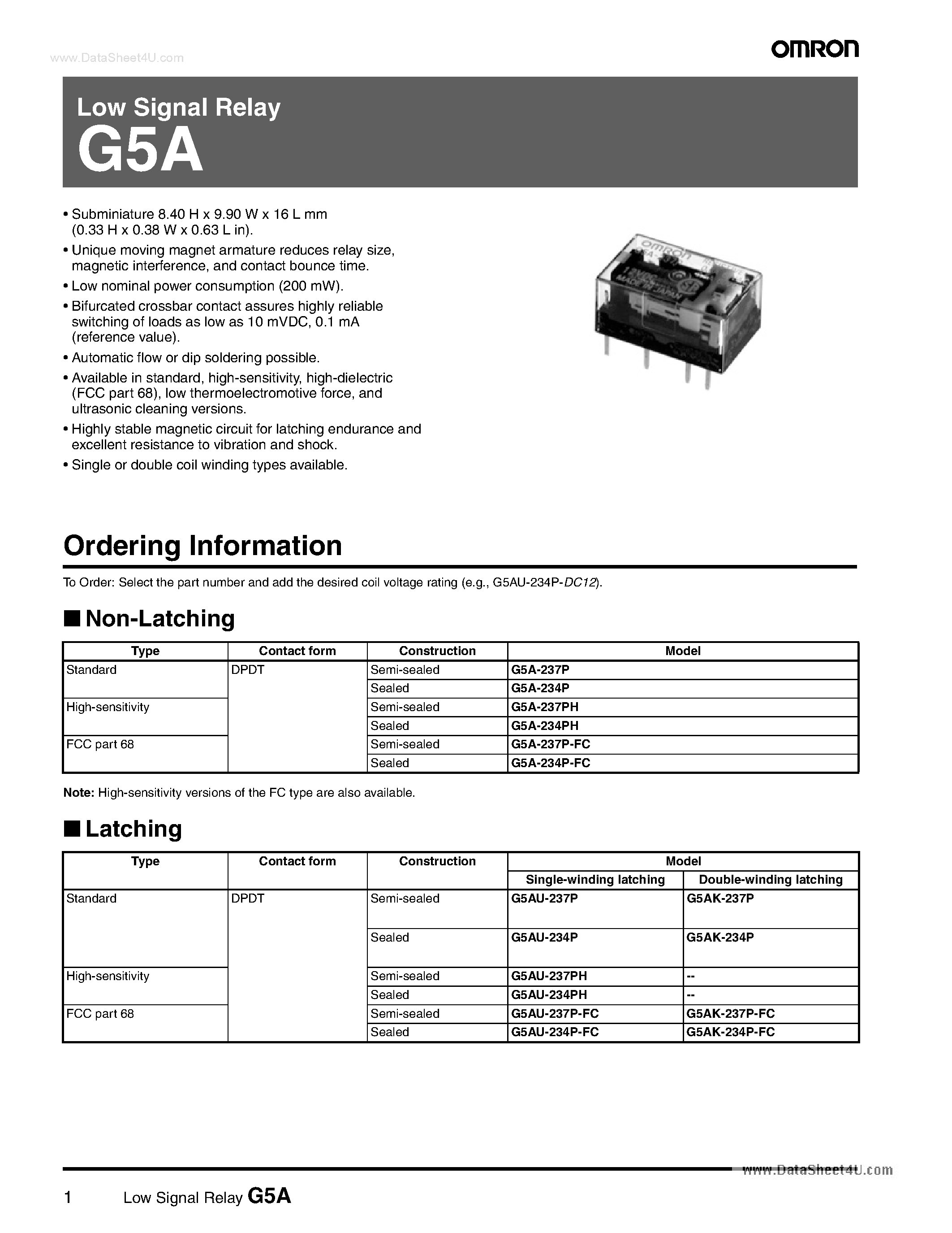 Даташит G5A-234P - Low Signal Relay страница 1