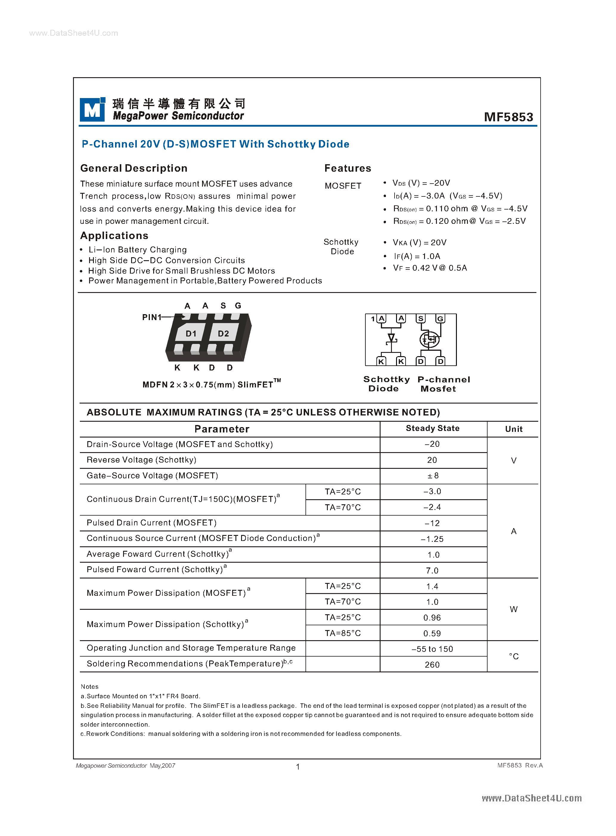 Даташит MF5853 - P-Channel 20V MOSFET страница 1