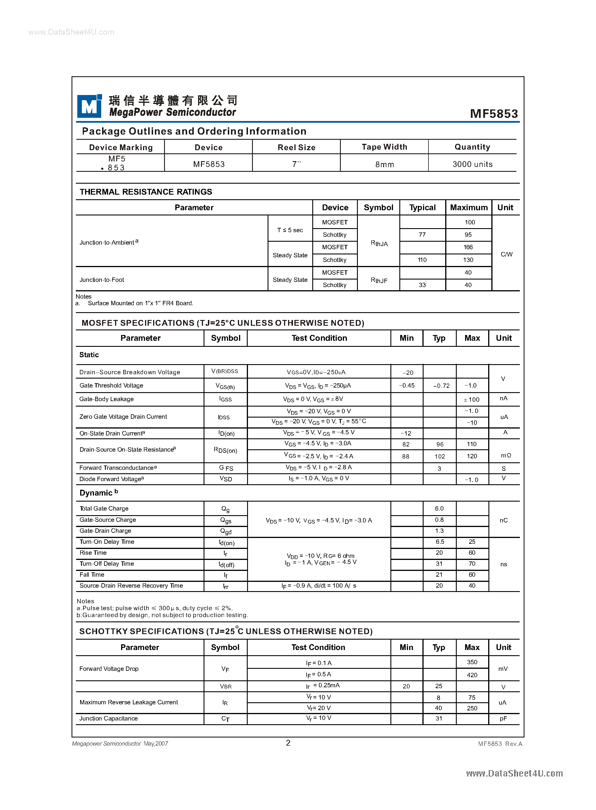 Даташит MF5853 - P-Channel 20V MOSFET страница 2