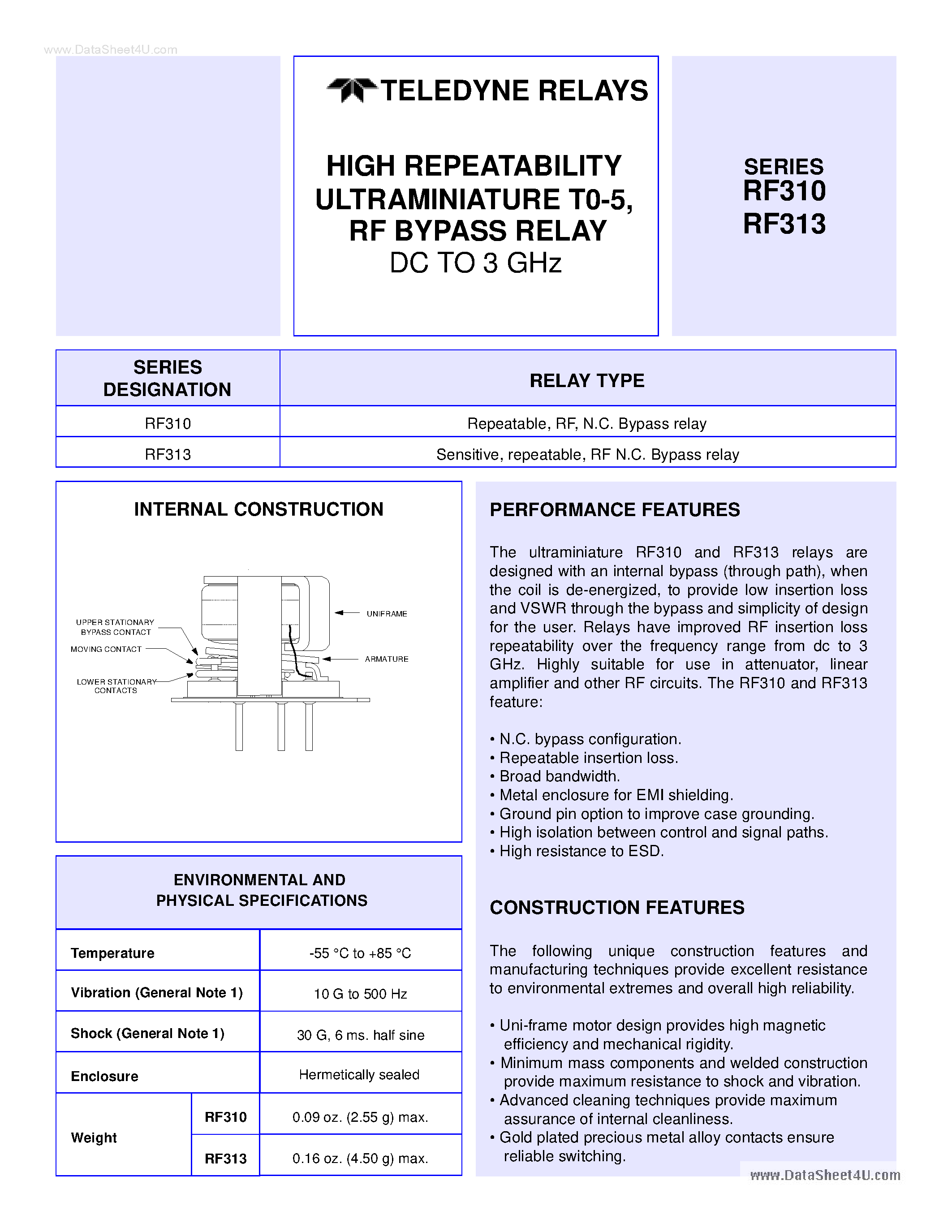 Datasheet RF310 - (RF310 / RF313) HIGH REPEATABILITY ULTRAMINIATURE T0-5 RF BYPASS RELAY page 1