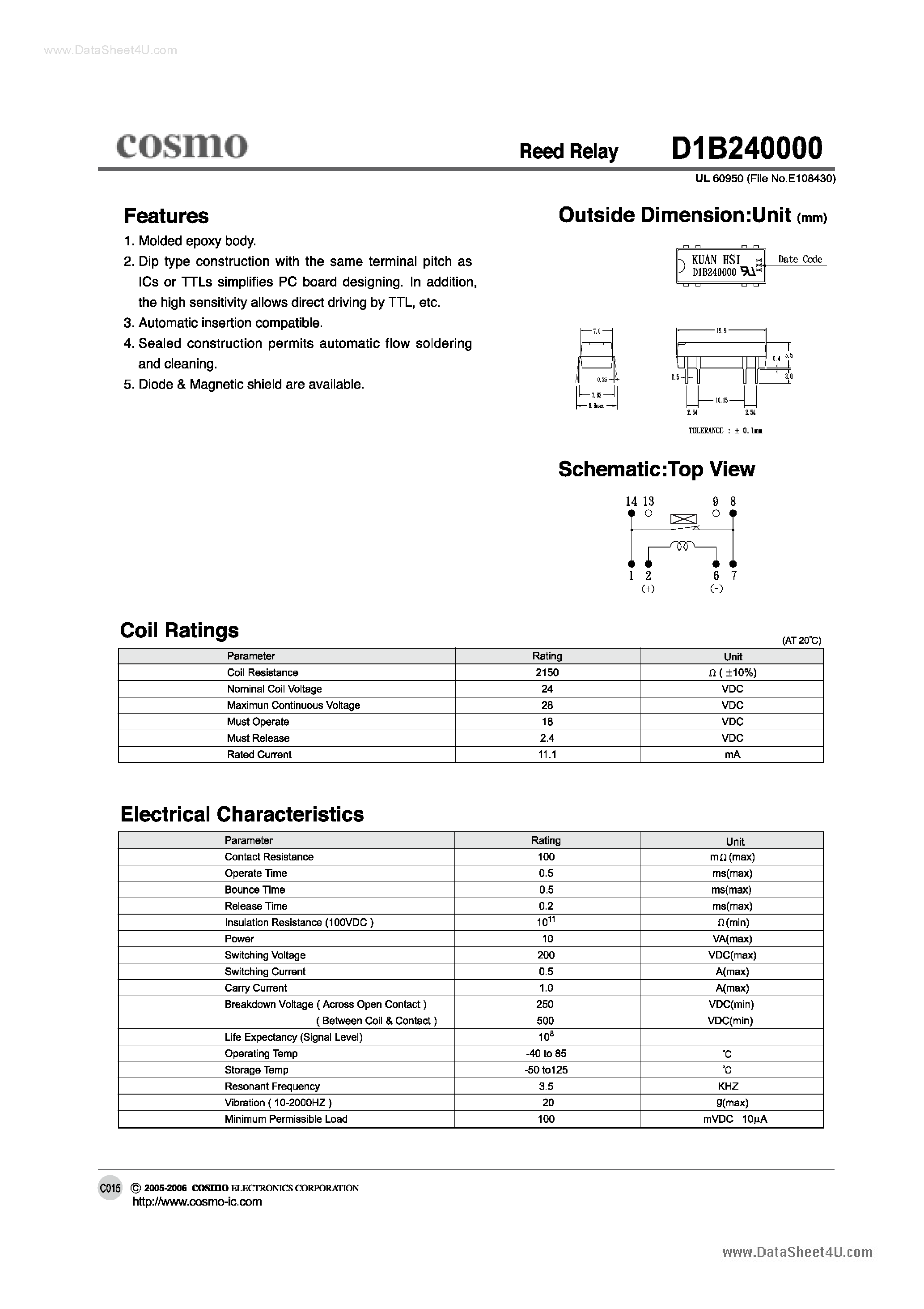 Даташит на микросхему D1B240000 страница 1 Даташит D1B240000 - REED RELAY страница 1