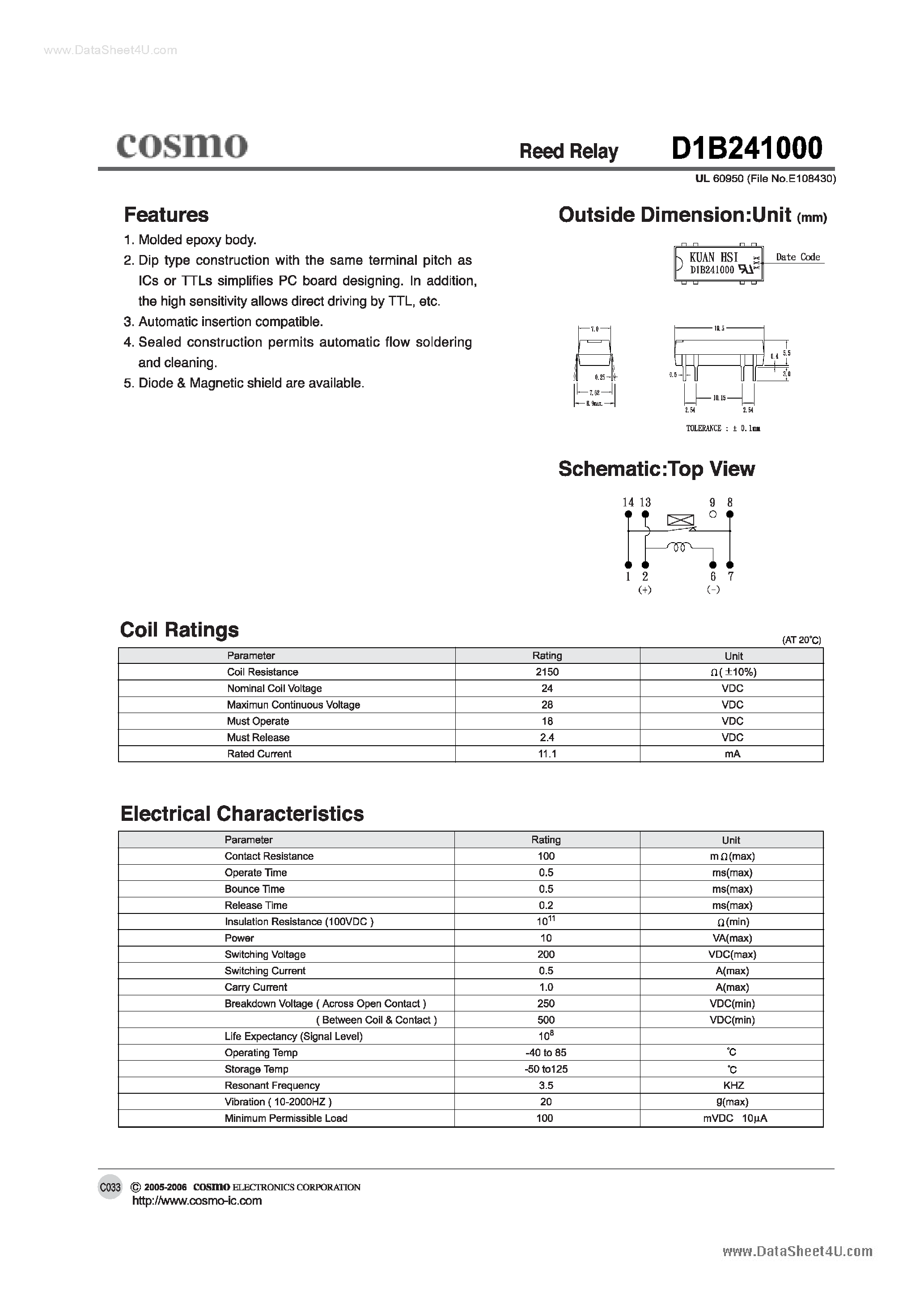 Даташит D1B241000 - REED RELAY страница 1