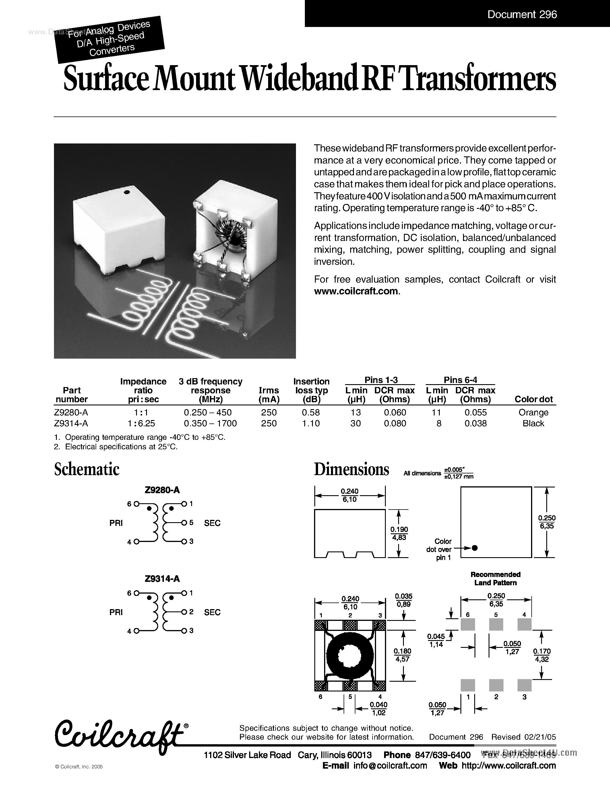 Datasheet Z9280-A - Surface Mount Wideband RF Transformers page 1