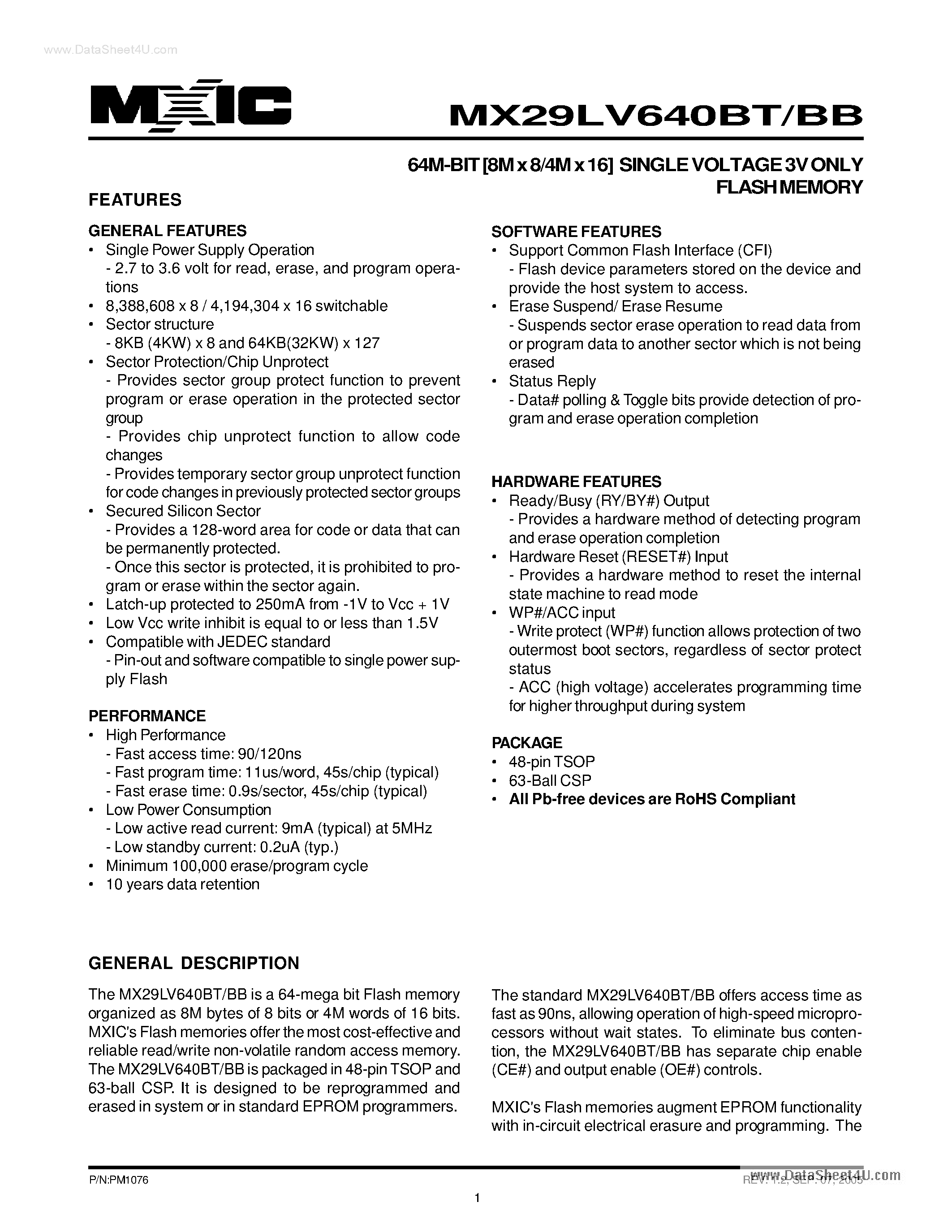 Datasheet MX29LV640BB - 64M-BIT [8M x 8/4M x 16] SINGLE VOLTAGE 3V ONLY FLASH MEMORY page 1
