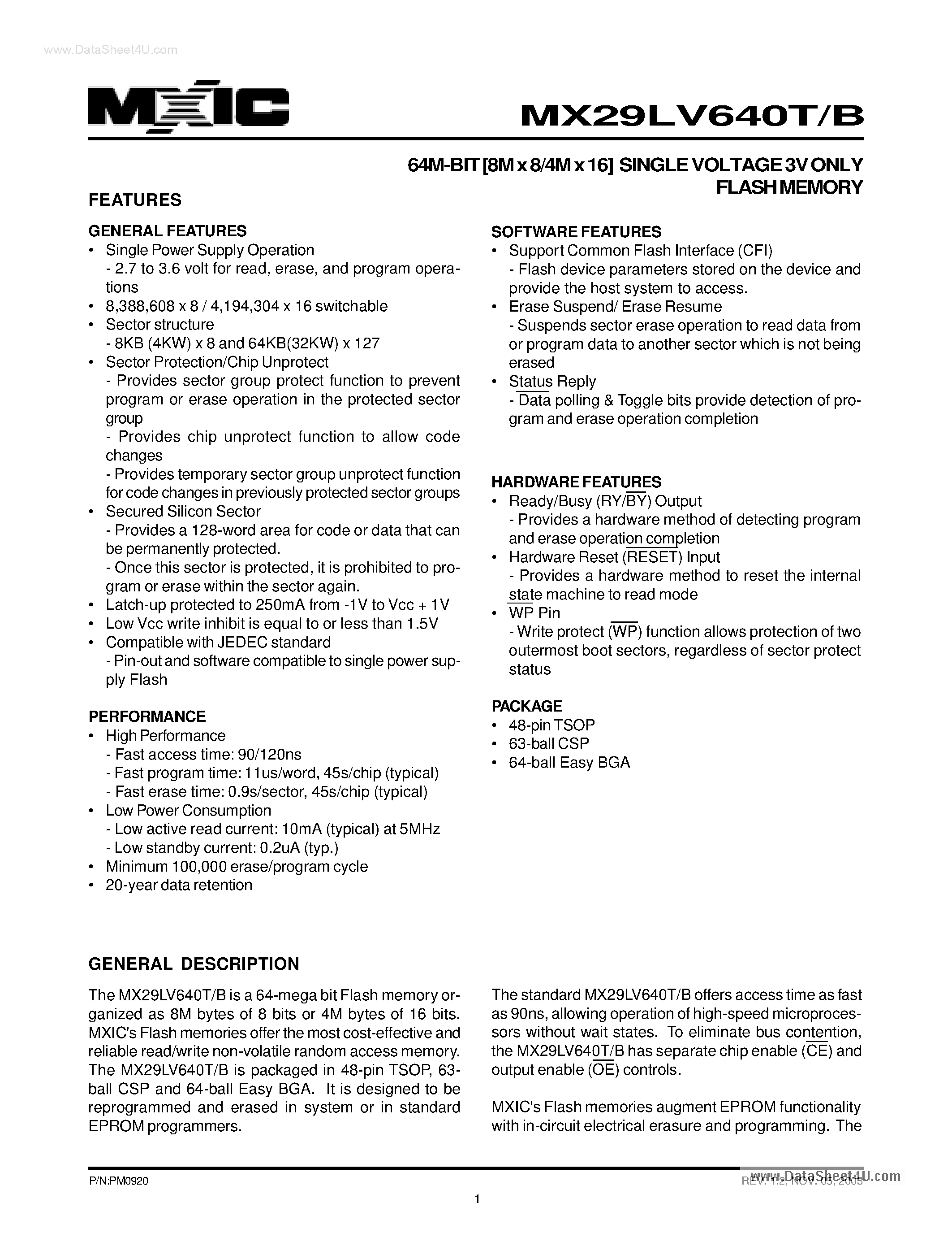 Datasheet MX29LV640B - 64M-BIT [8M x 8/4M x 16] SINGLE VOLTAGE 3V ONLY FLASH MEMORY page 1