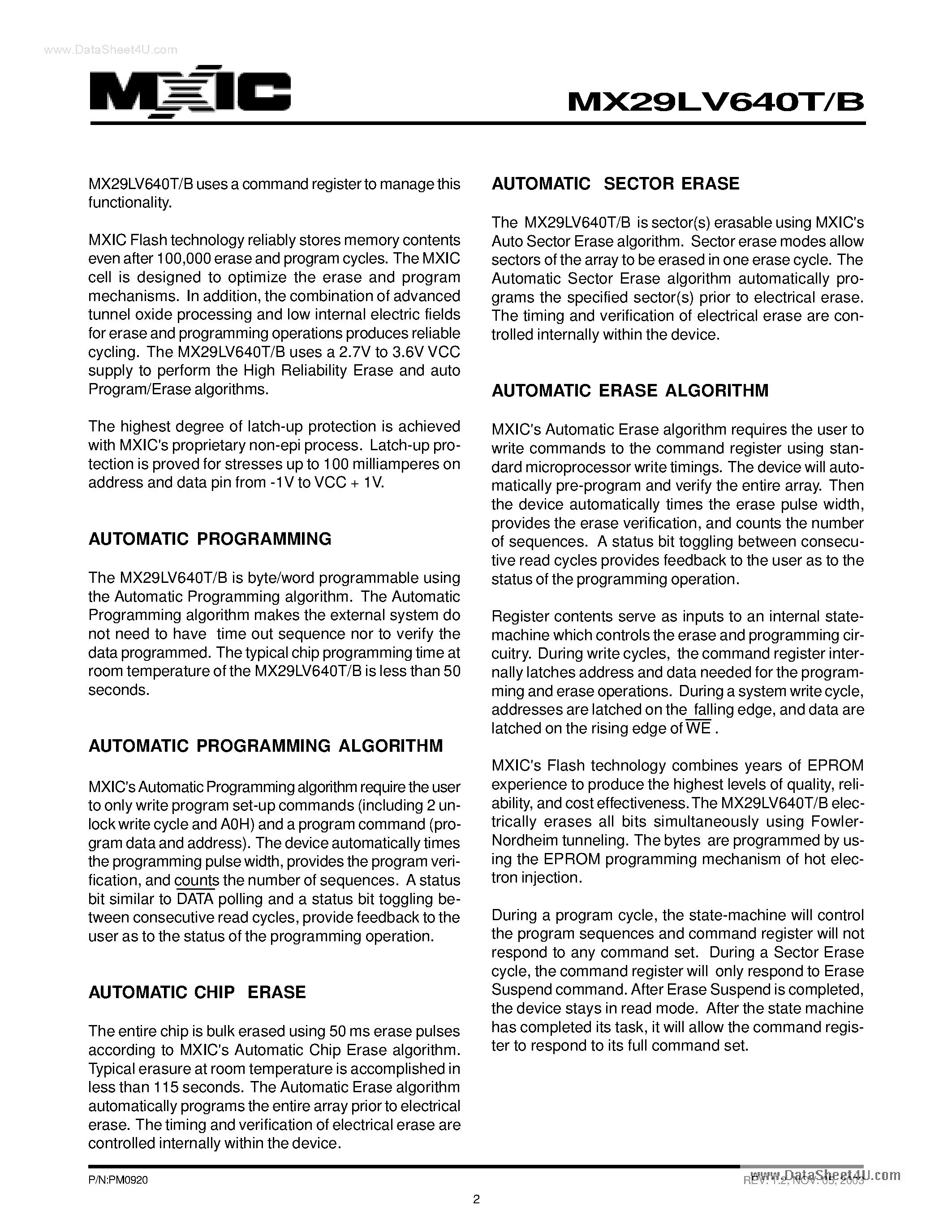 Datasheet MX29LV640B - 64M-BIT [8M x 8/4M x 16] SINGLE VOLTAGE 3V ONLY FLASH MEMORY page 2