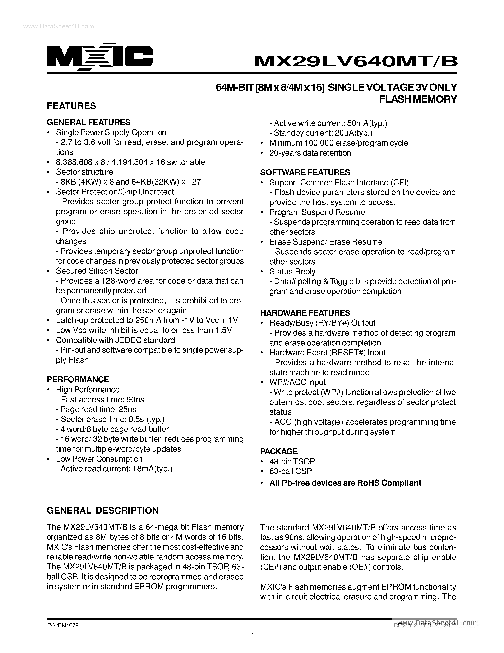 Datasheet MX29LV640MB - 64M-BIT [8M x 8/4M x 16] SINGLE VOLTAGE 3V ONLY FLASH MEMORY page 1